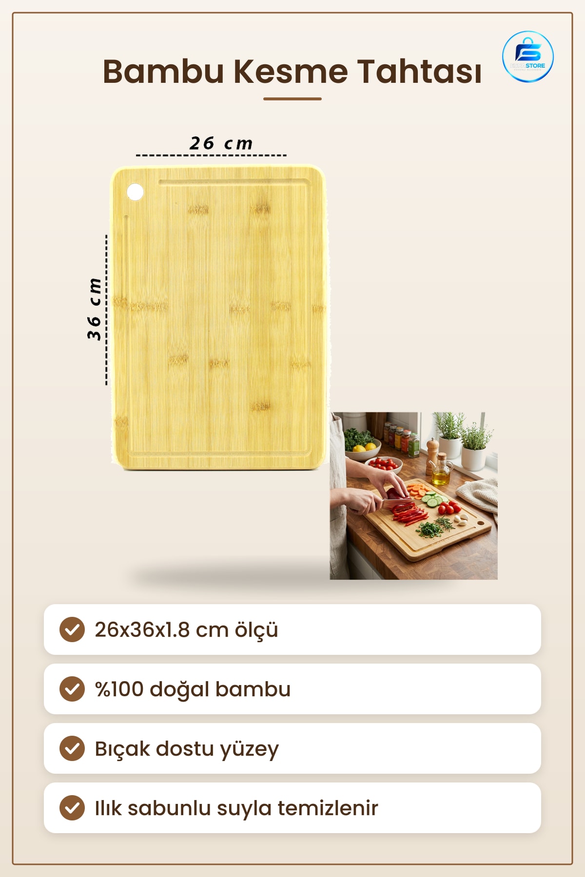 Bambu Kesme Tahtası 26x36x1.8 cm Mutfak İçin Doğal Dayanıklı Bıçak Dostu Geniş Yüzey Servis