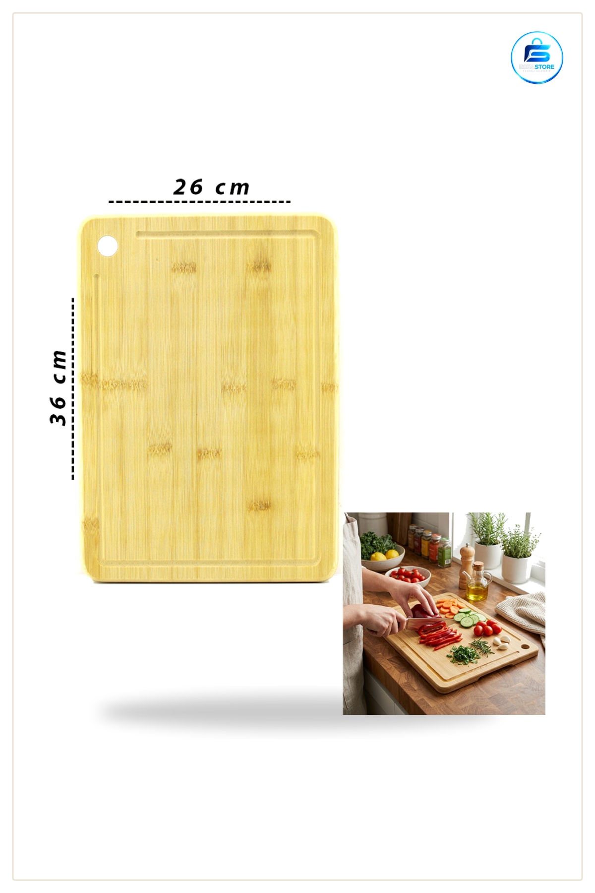 Bambu Kesme Tahtası 26x36x1.8 cm Mutfak İçin Doğal Dayanıklı Bıçak Dostu Geniş Yüzey Servis