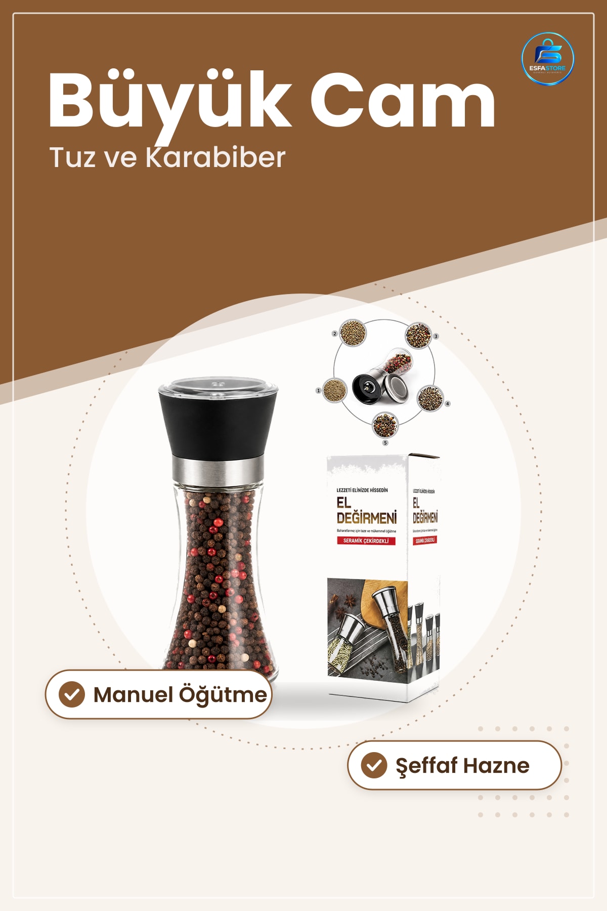 Büyük Cam Hazneli Tuz ve Baharat Öğütücü Değirmen Manuel Mutfak Karabiber Krom Detaylı Şeffaf