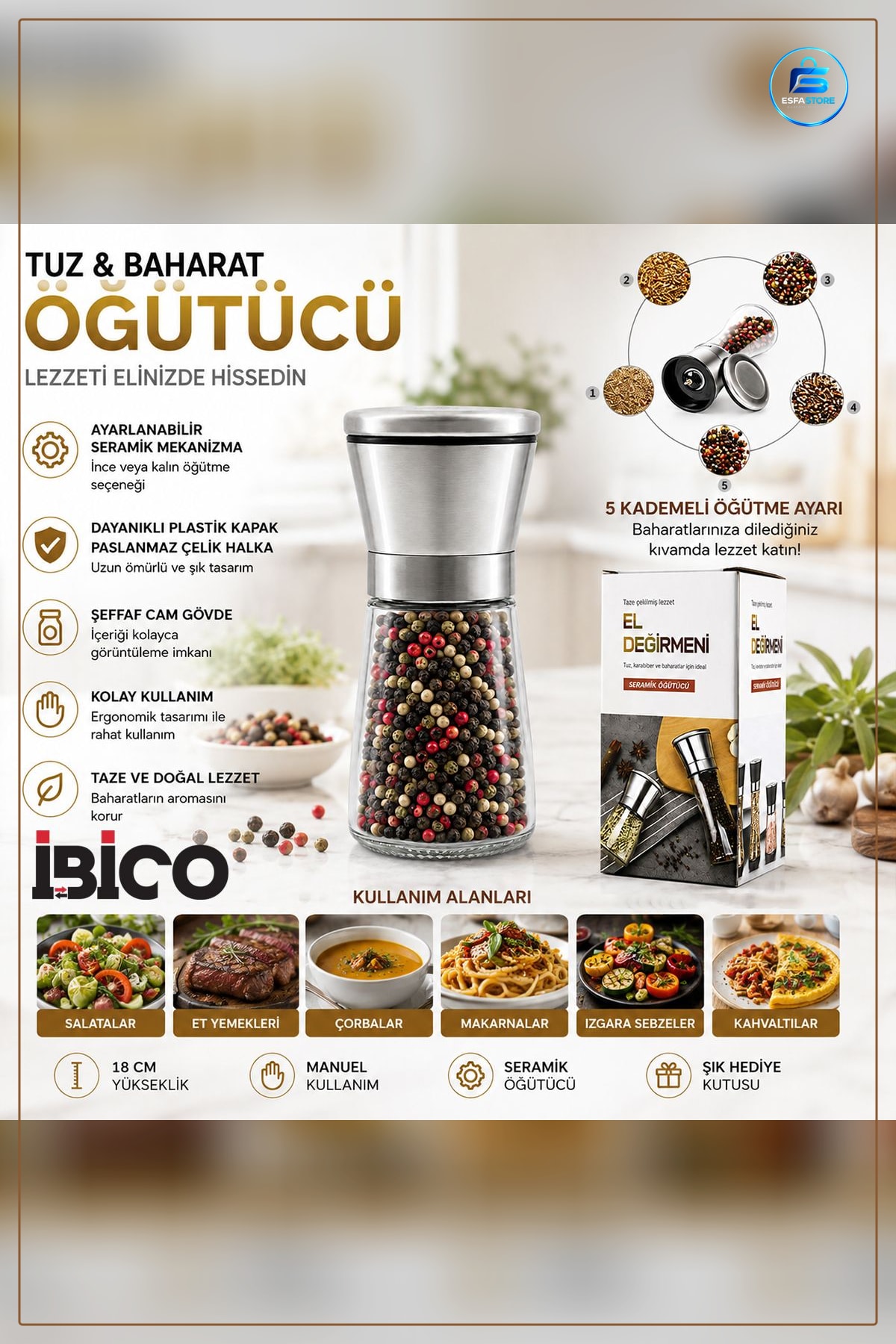 Mini Cam Hazneli Tuz ve Baharat Öğütücü Krom Kaplama Paslanmaz Kapak Karabiber El Değirmeni Mutfak