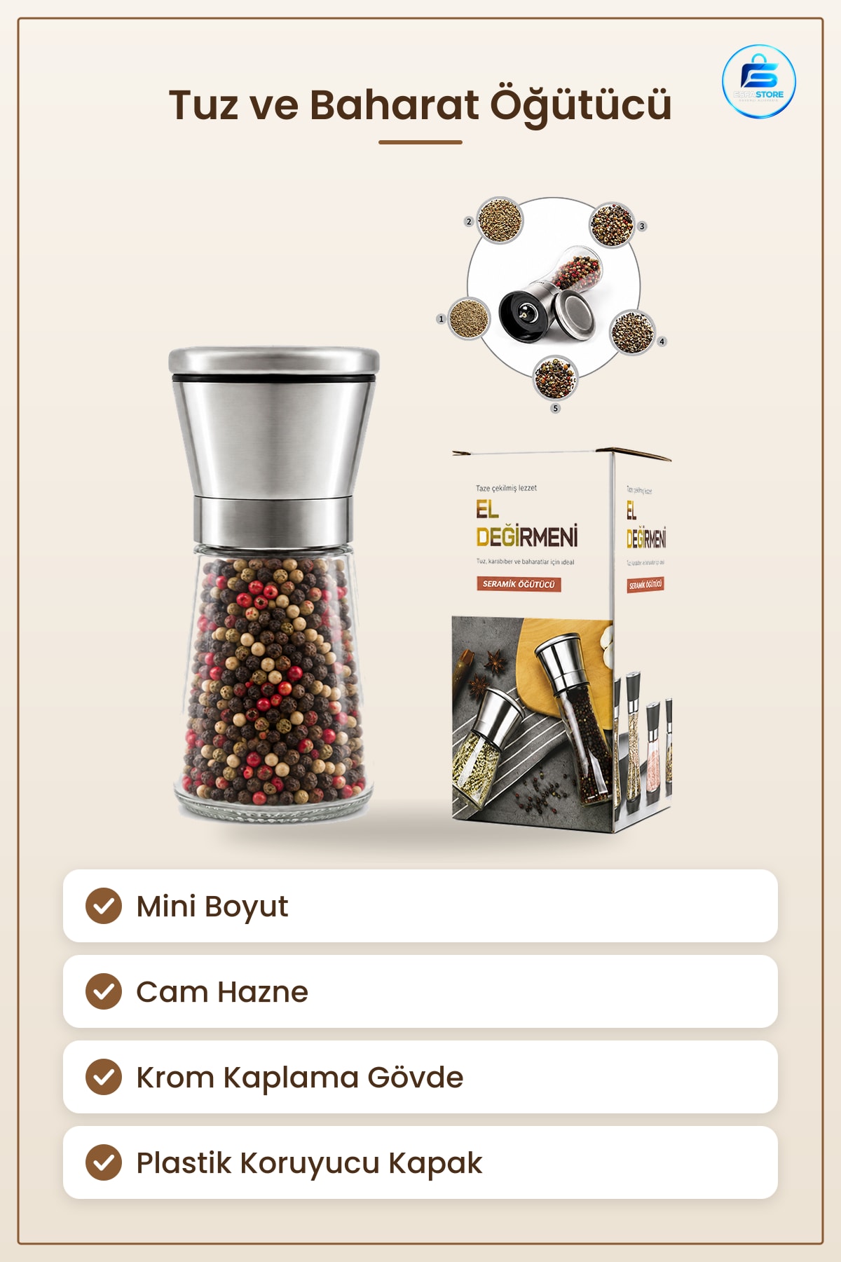 Mini Cam Hazneli Tuz ve Baharat Öğütücü Krom Kaplama Paslanmaz Kapak Karabiber El Değirmeni Mutfak