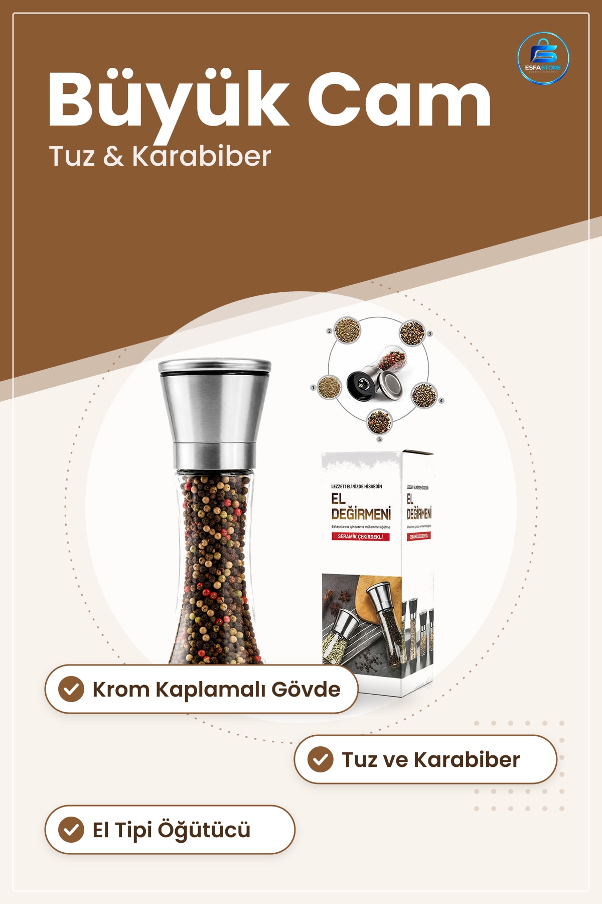 Baharat Öğütücü Değirmen Büyük Cam Hazneli Krom Kaplamalı Tuz Karabiber Mutfak Sofra Kullanımı