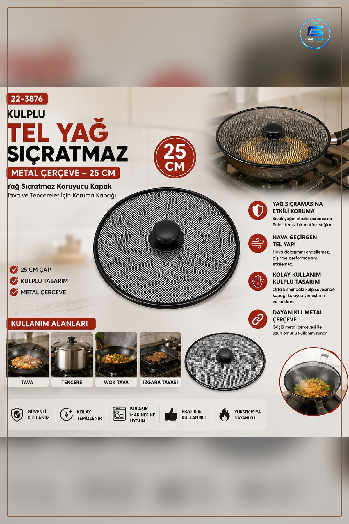 Yağ Sıçratmaz Tel Süzgeç Kapak 25 cm Kulplu Metal Çerçeve Tava Mutfak Yüksek Isıya Dayanıklı