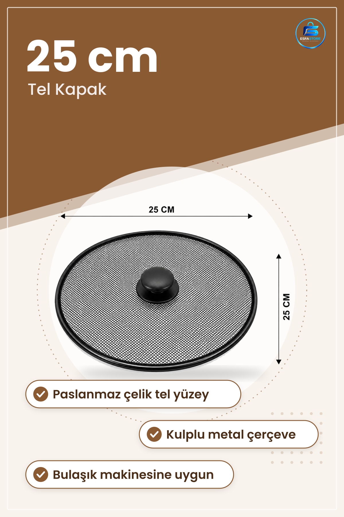 Yağ Sıçratmaz Tel Süzgeç Kapak 25 cm Kulplu Metal Çerçeve Tava Mutfak Yüksek Isıya Dayanıklı