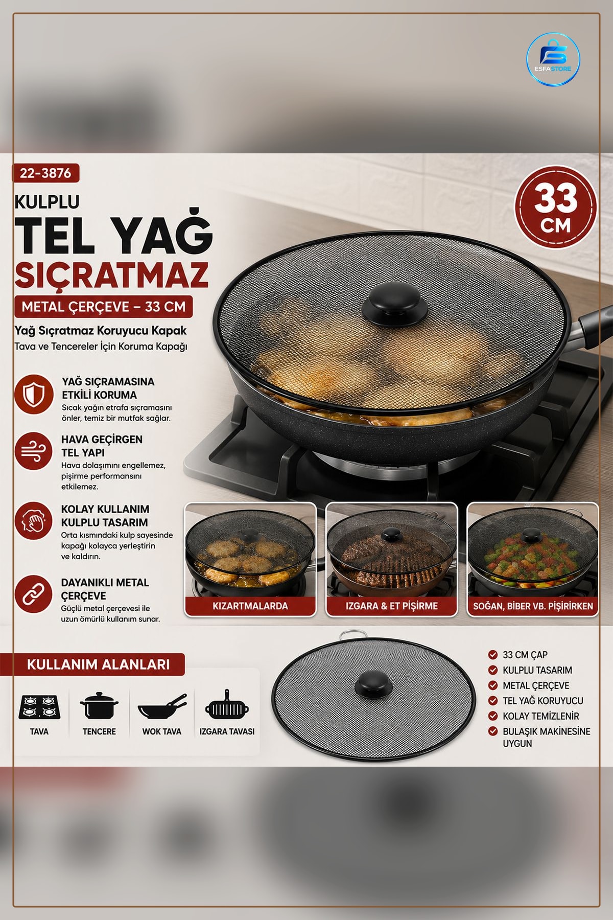 Tel Yağ Sıçratmaz Süzgeç Kapak 33 cm Kulplu Metal Çerçeve Tava Koruyucu Mutfak Gereci Ocak Üstü