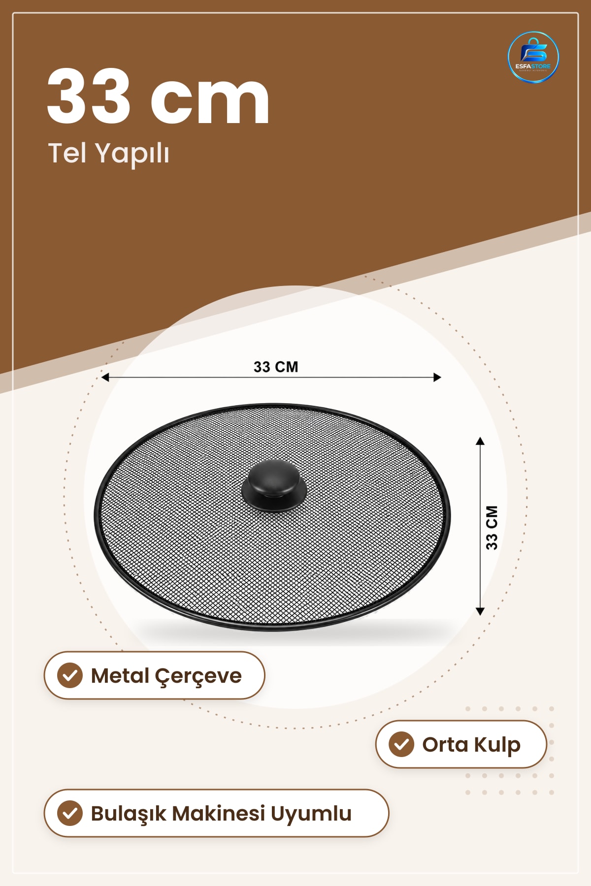 Tel Yağ Sıçratmaz Süzgeç Kapak 33 cm Kulplu Metal Çerçeve Tava Koruyucu Mutfak Gereci Ocak Üstü