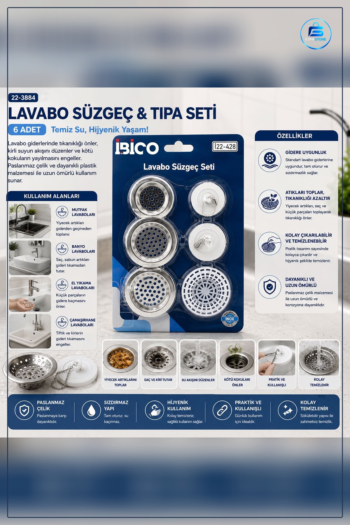 Lavabo Süzgeç ve Tapa Seti 6 Adet Paslanmaz Çelik Gider Tıkanma Önleyici Banyo Tesisatı