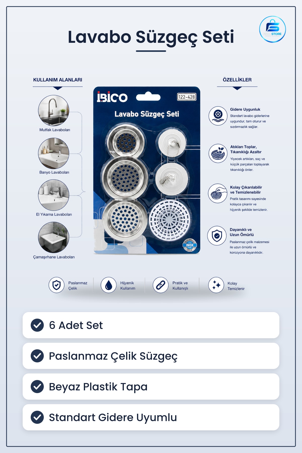 Lavabo Süzgeç ve Tapa Seti 6 Adet Paslanmaz Çelik Gider Tıkanma Önleyici Banyo Tesisatı