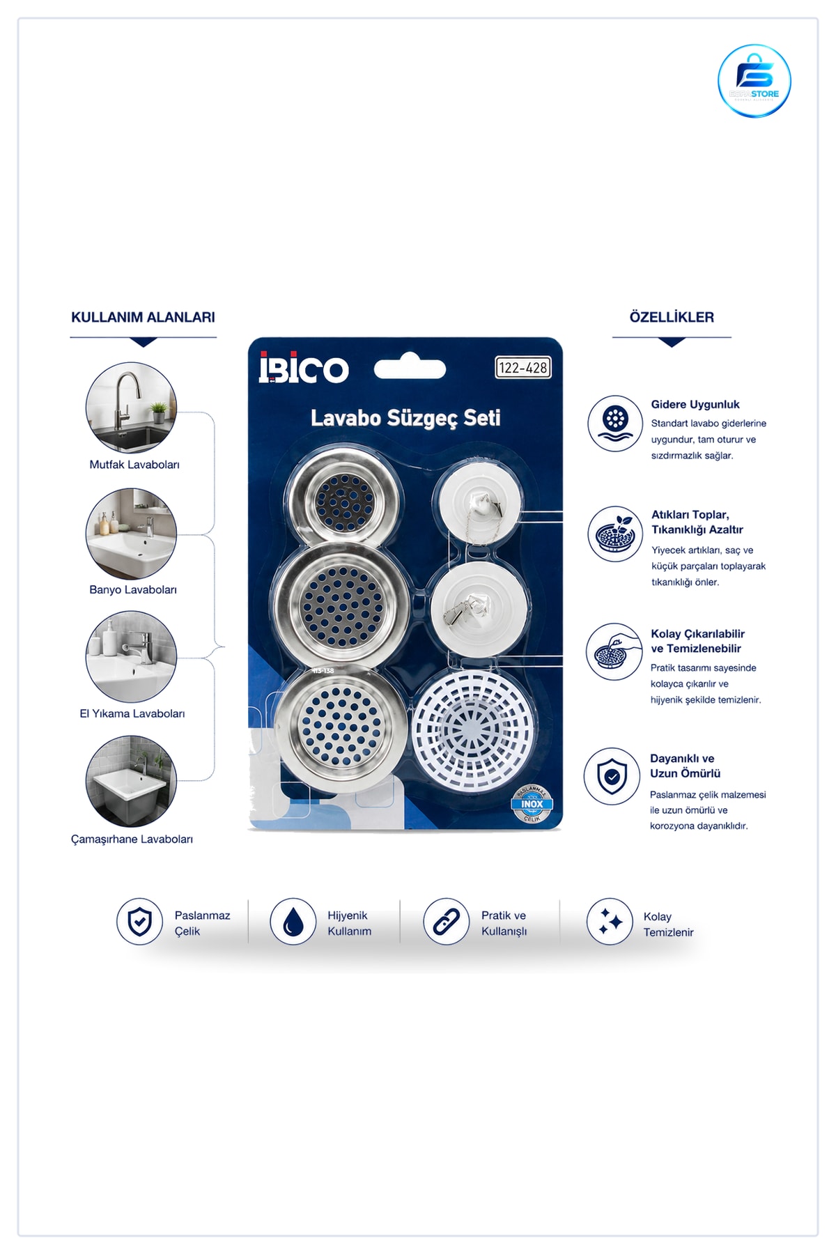Lavabo Süzgeç ve Tapa Seti 6 Adet Paslanmaz Çelik Gider Tıkanma Önleyici Banyo Tesisatı