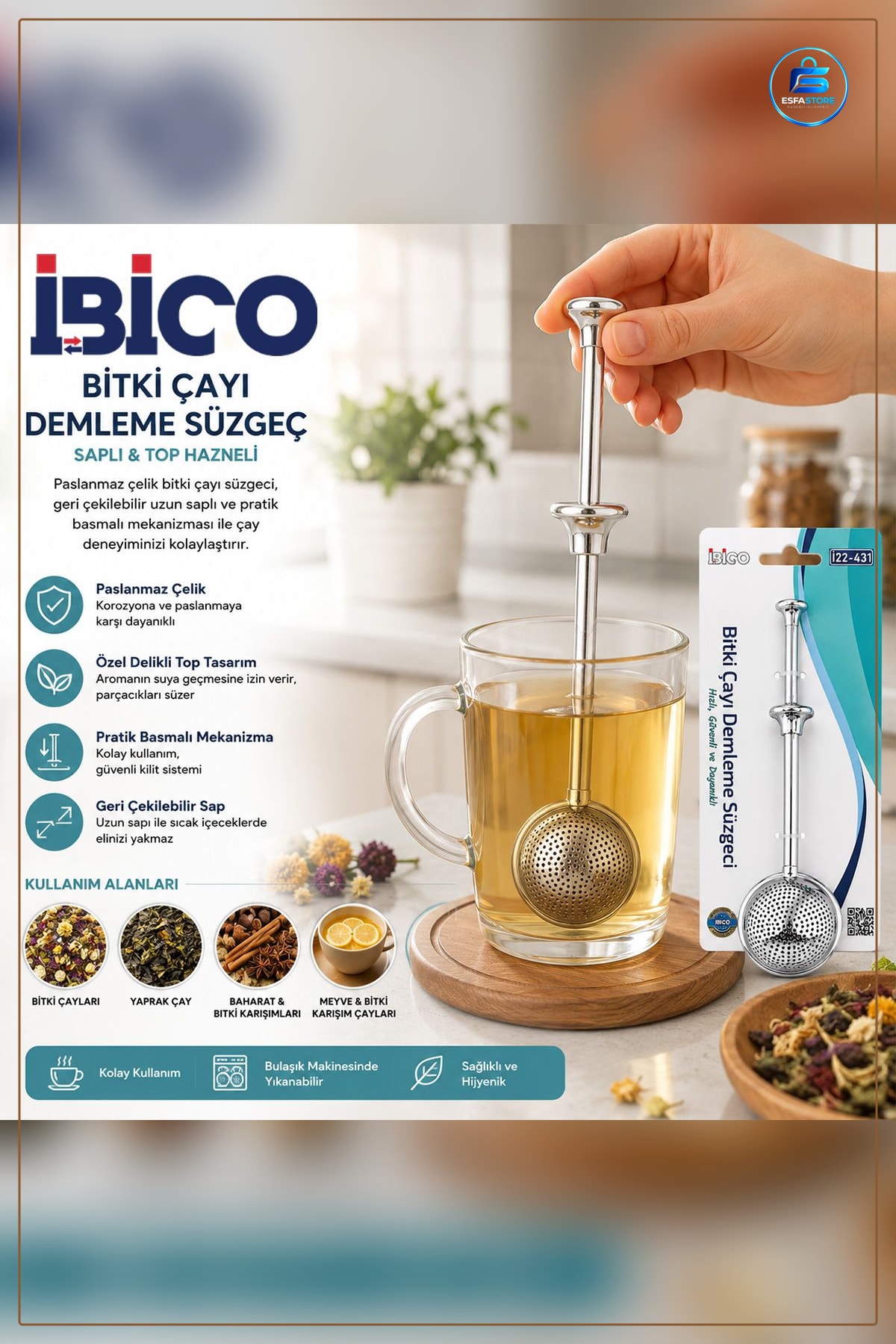 Çay Süzgeci Saplı Paslanmaz Çelik Bitki Çayı Demleme Aparatı 5 cm Çap Mutfak Aksesuarı