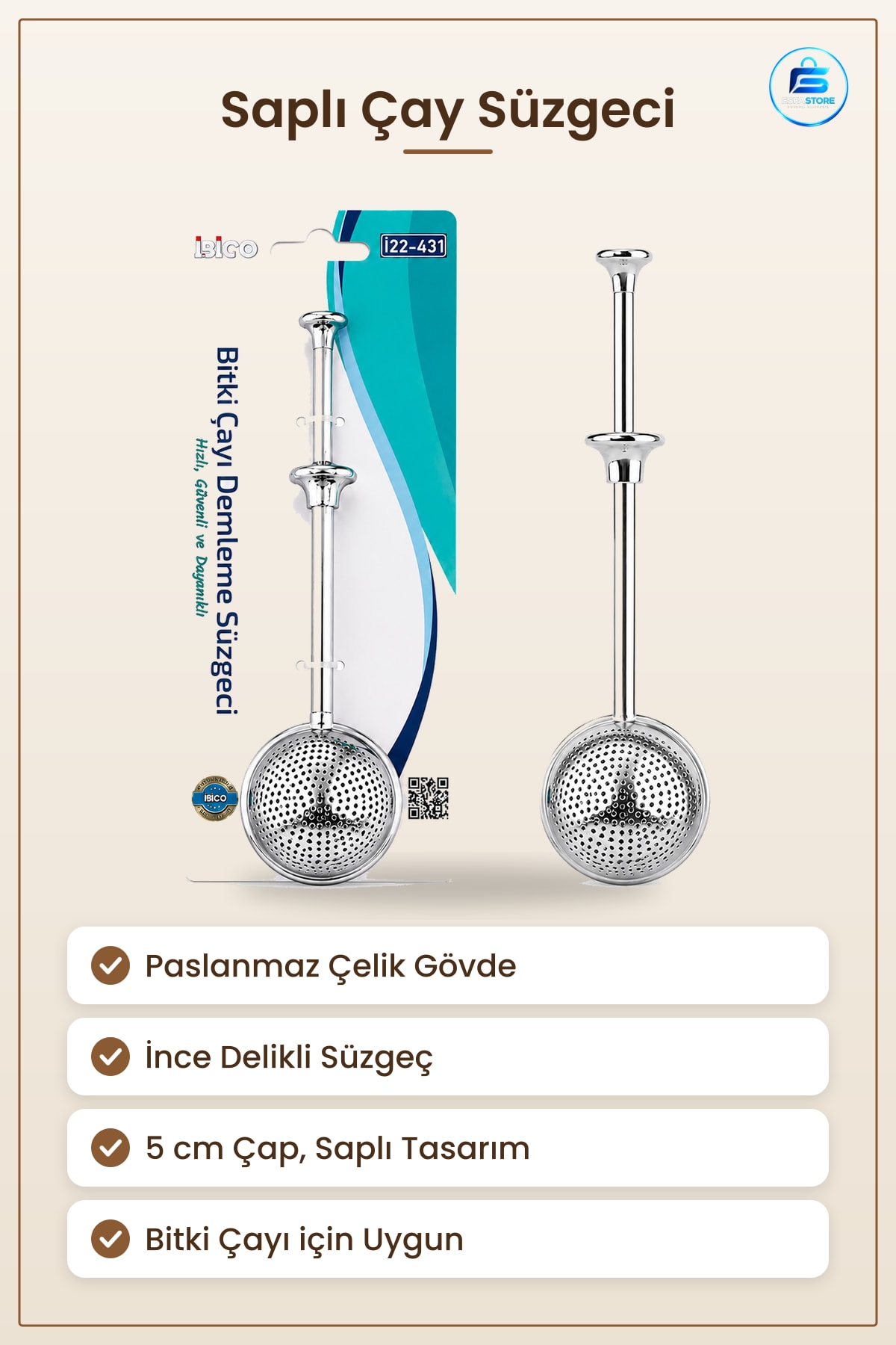 Çay Süzgeci Saplı Paslanmaz Çelik Bitki Çayı Demleme Aparatı 5 cm Çap Mutfak Aksesuarı