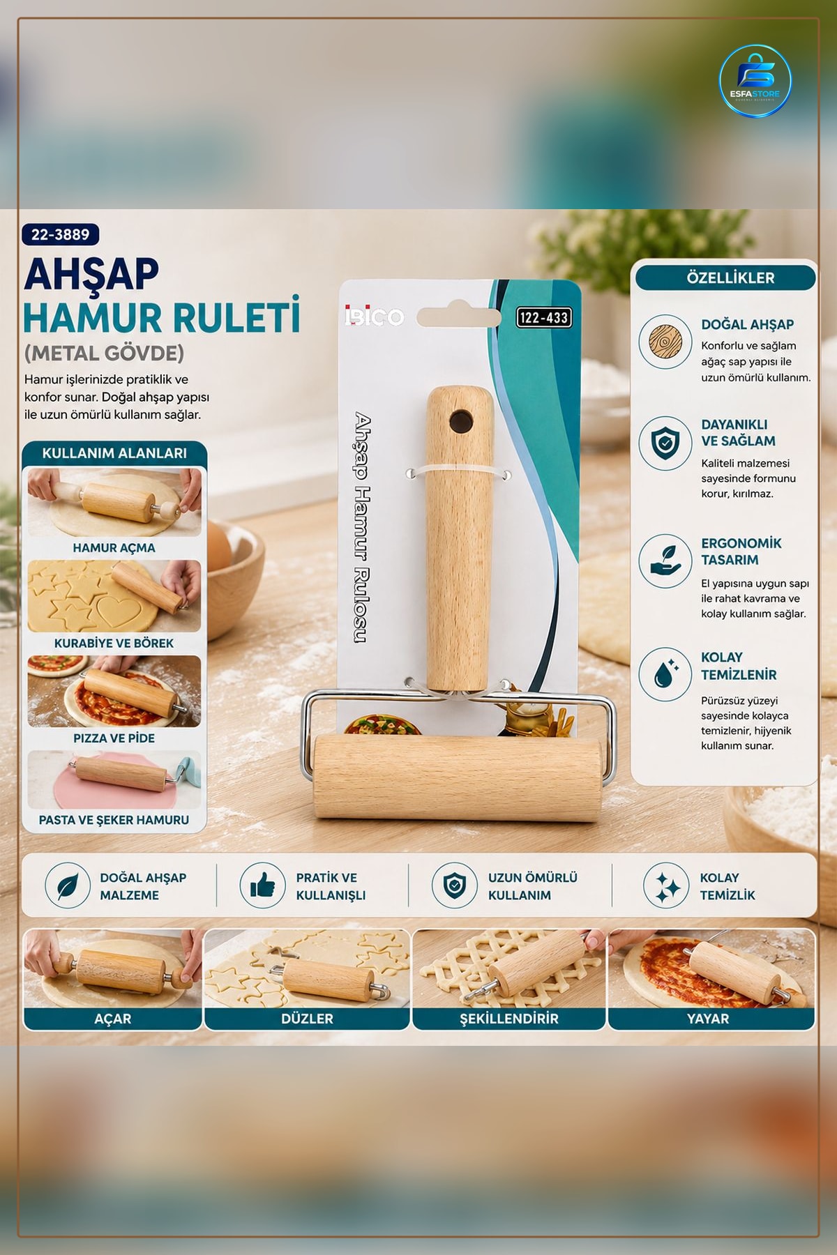 Hamur Şekillendirici Ahşap Ruleti Metal Çerçeveli Saplı Mutfak Pasta Pizza Börek Açma Aracı