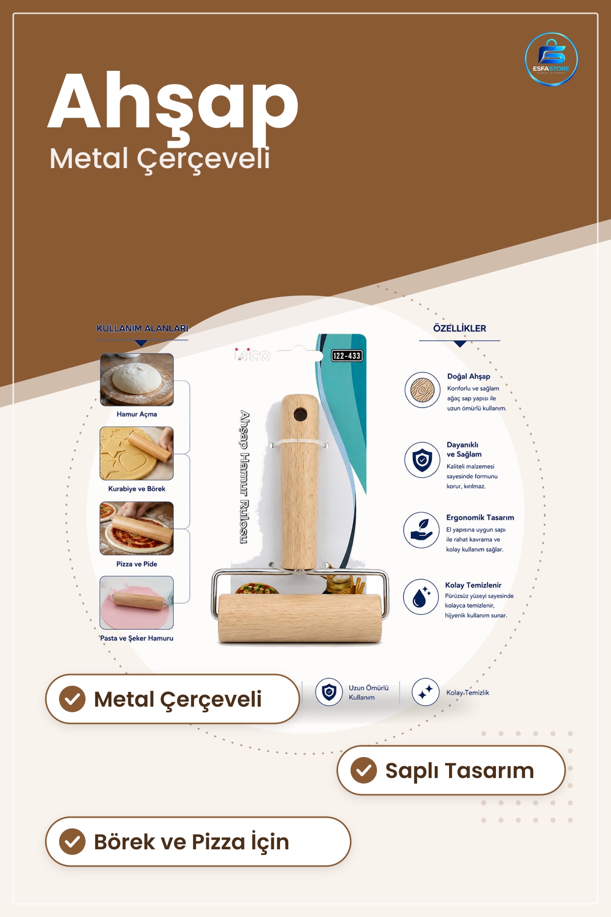 Hamur Şekillendirici Ahşap Ruleti Metal Çerçeveli Saplı Mutfak Pasta Pizza Börek Açma Aracı