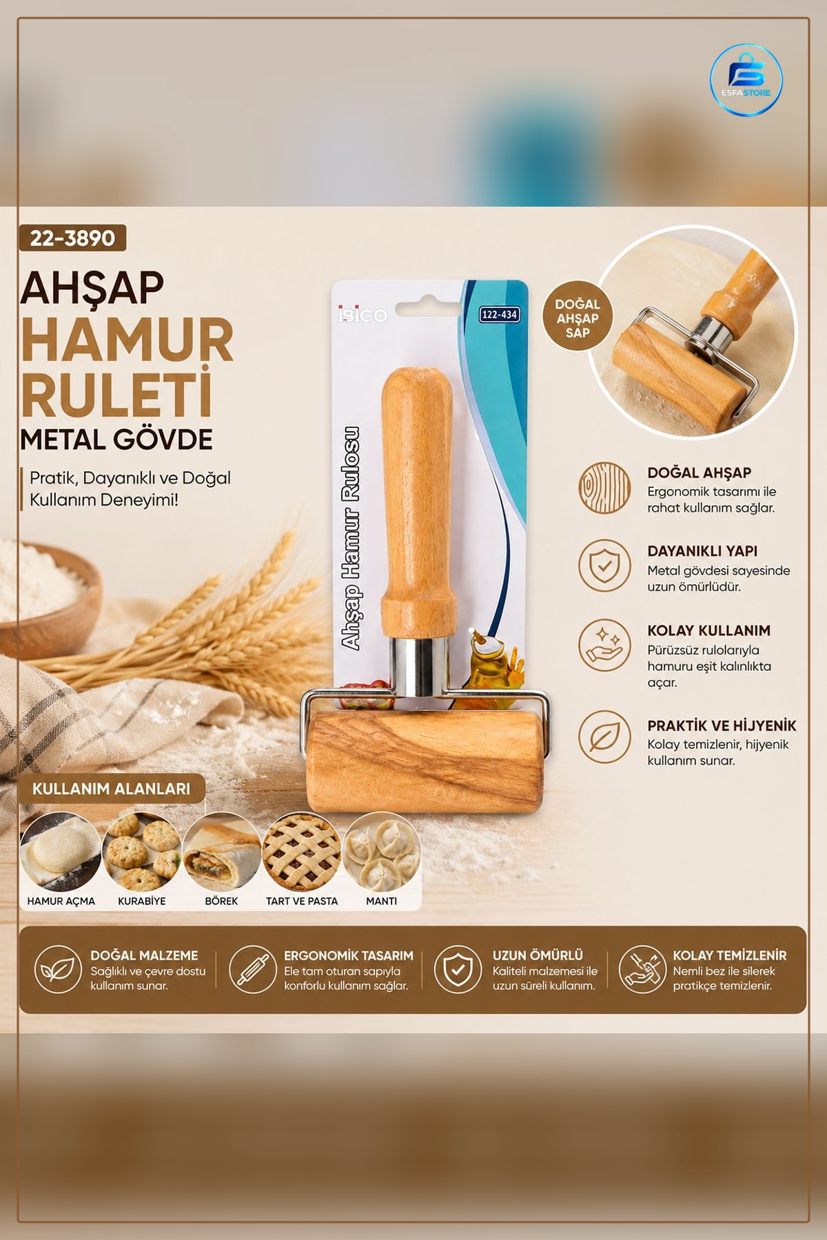 Ahşap Saplı Metal Gövdeli Hamur Ruleti Oklava Mutfak Pasta Börek Açma Aleti Rulo Kesici