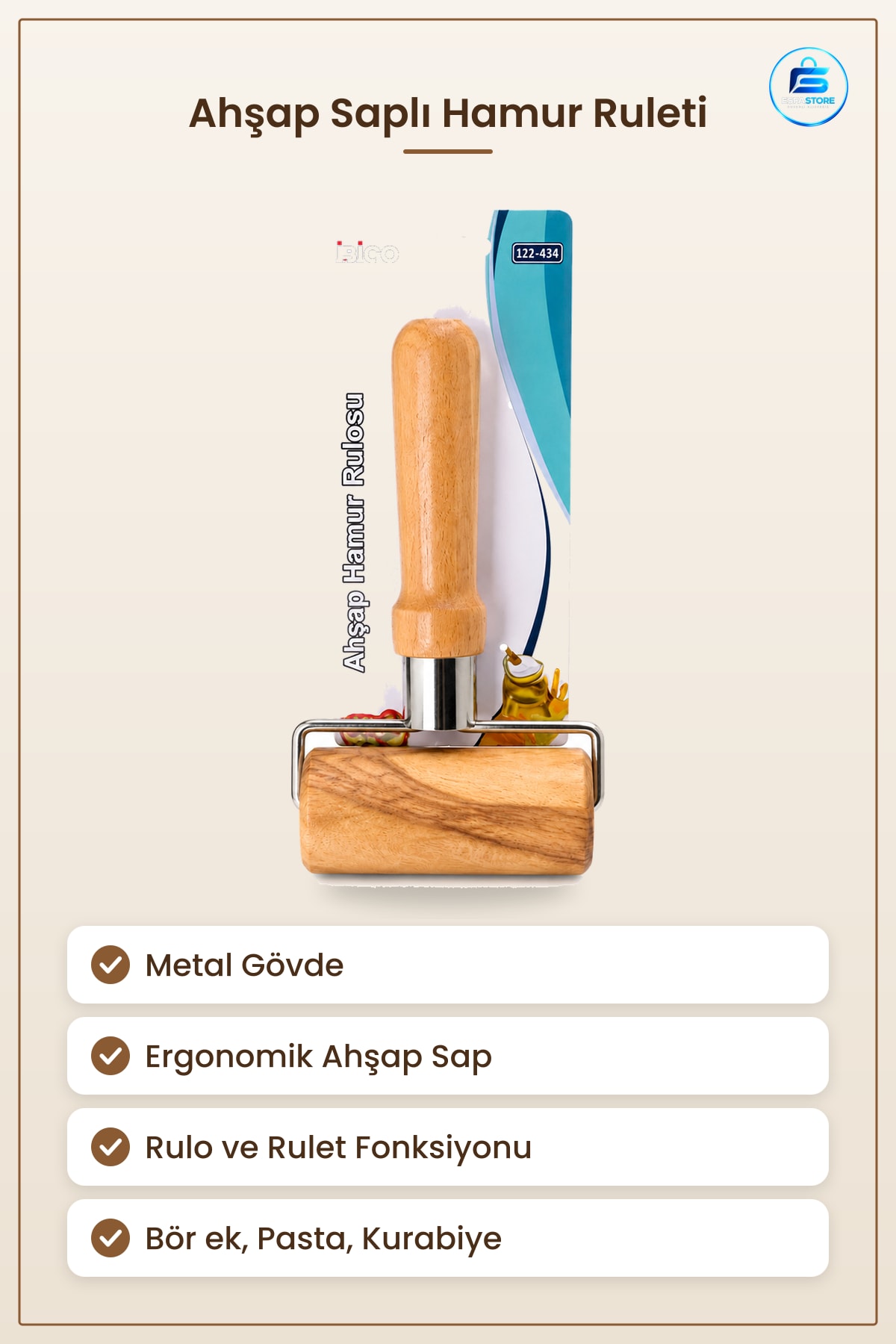 Ahşap Saplı Metal Gövdeli Hamur Ruleti Oklava Mutfak Pasta Börek Açma Aleti Rulo Kesici