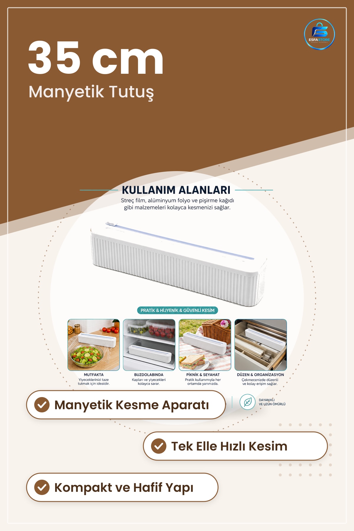 Folyo ve Streç Film Kesici 35 cm Manyetik Kesme Aparatlı Mutfak Makası Pratik Hijyenik Rulo