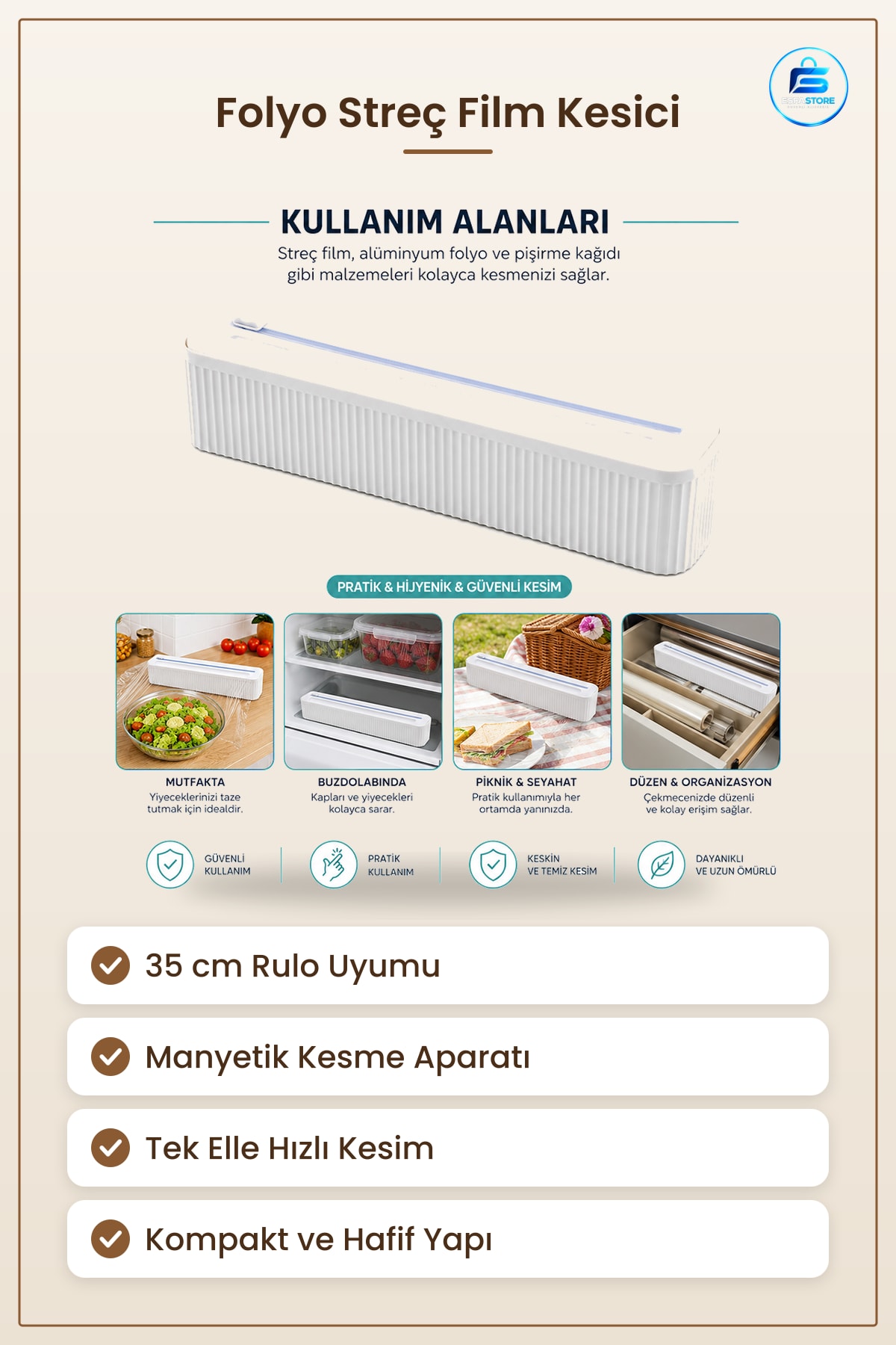 Folyo ve Streç Film Kesici 35 cm Manyetik Kesme Aparatlı Mutfak Makası Pratik Hijyenik Rulo