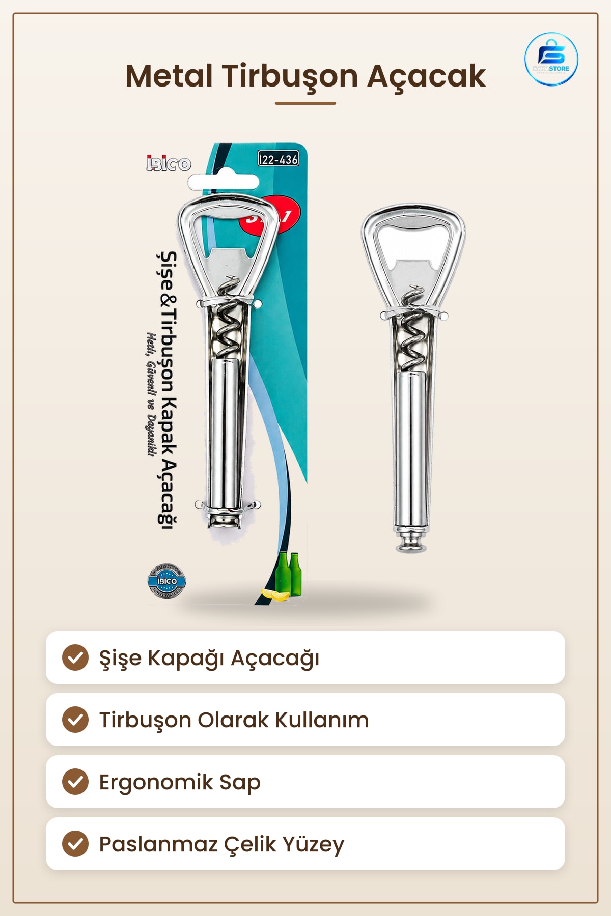Metal Tirbuşon ve Şişe Kapak Açacı Paslanmaz Krom Gövdeli Kapağı Açma Mantar Mutfak Servis