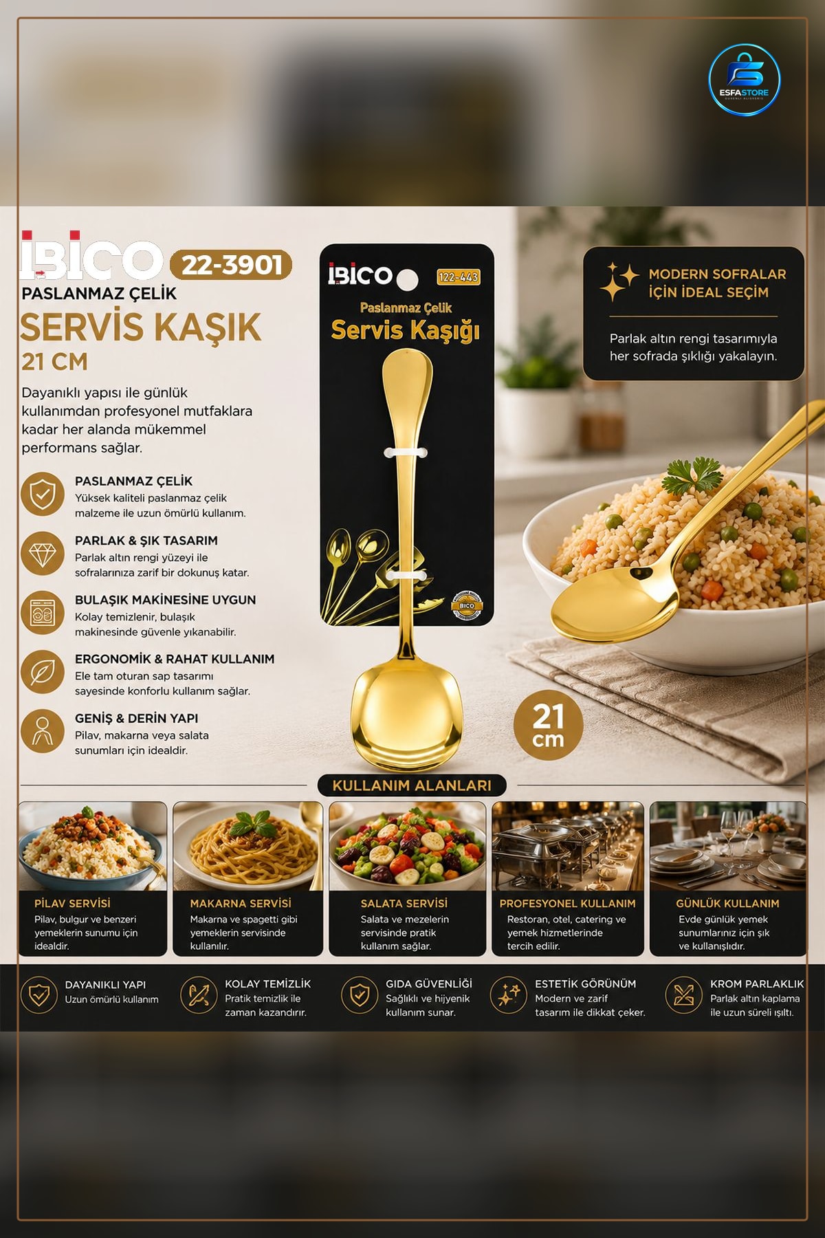 Servis Kaşığı Altın Renk Paslanmaz Çelik Metal Sofra Kaşık Pilav Makarna Salata Tatlı