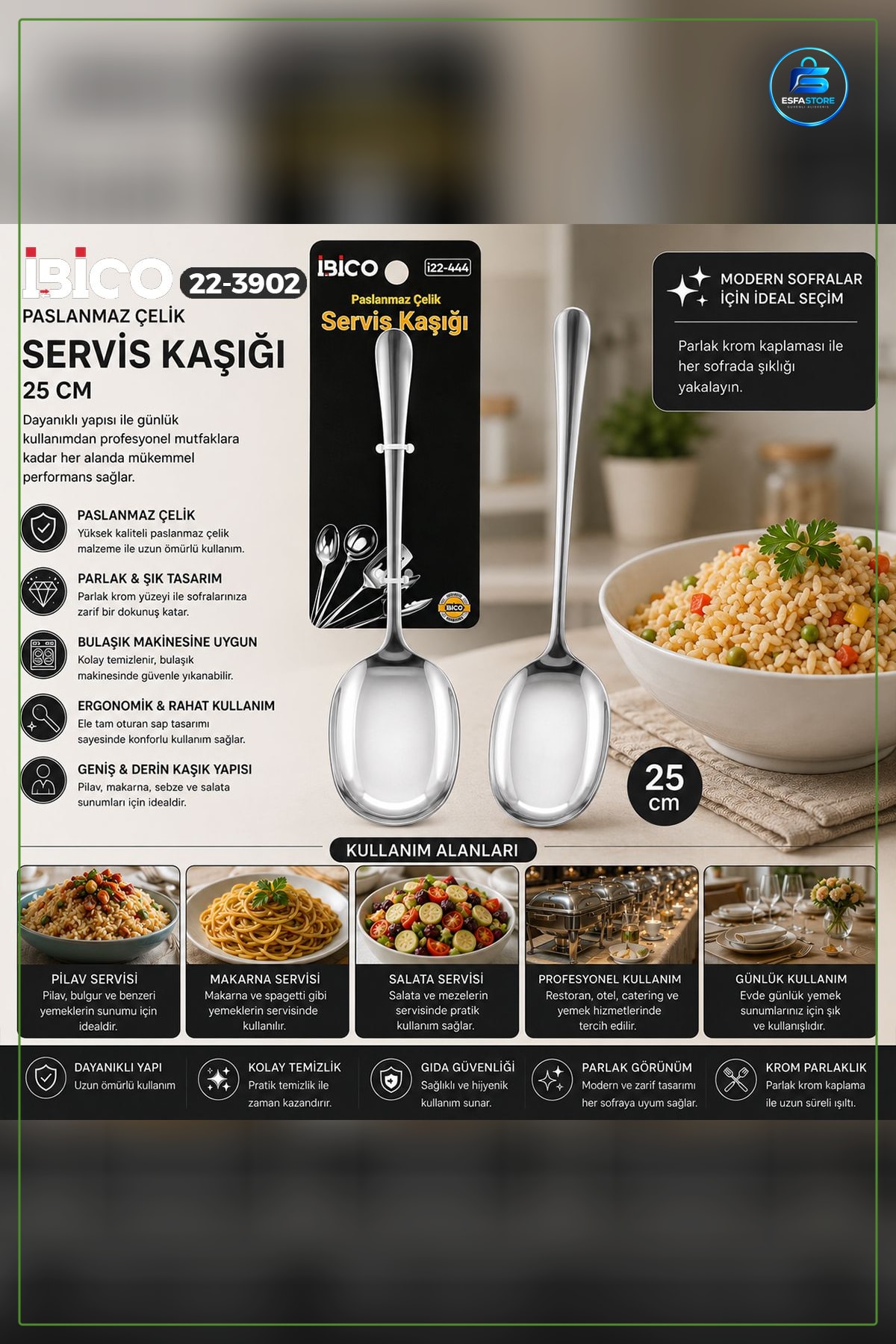 Paslanmaz Çelik Krom Servis Kaşığı 25 cm Pişirme Malzemesi Mutfak Sofra Dayanıklı Ergonomik