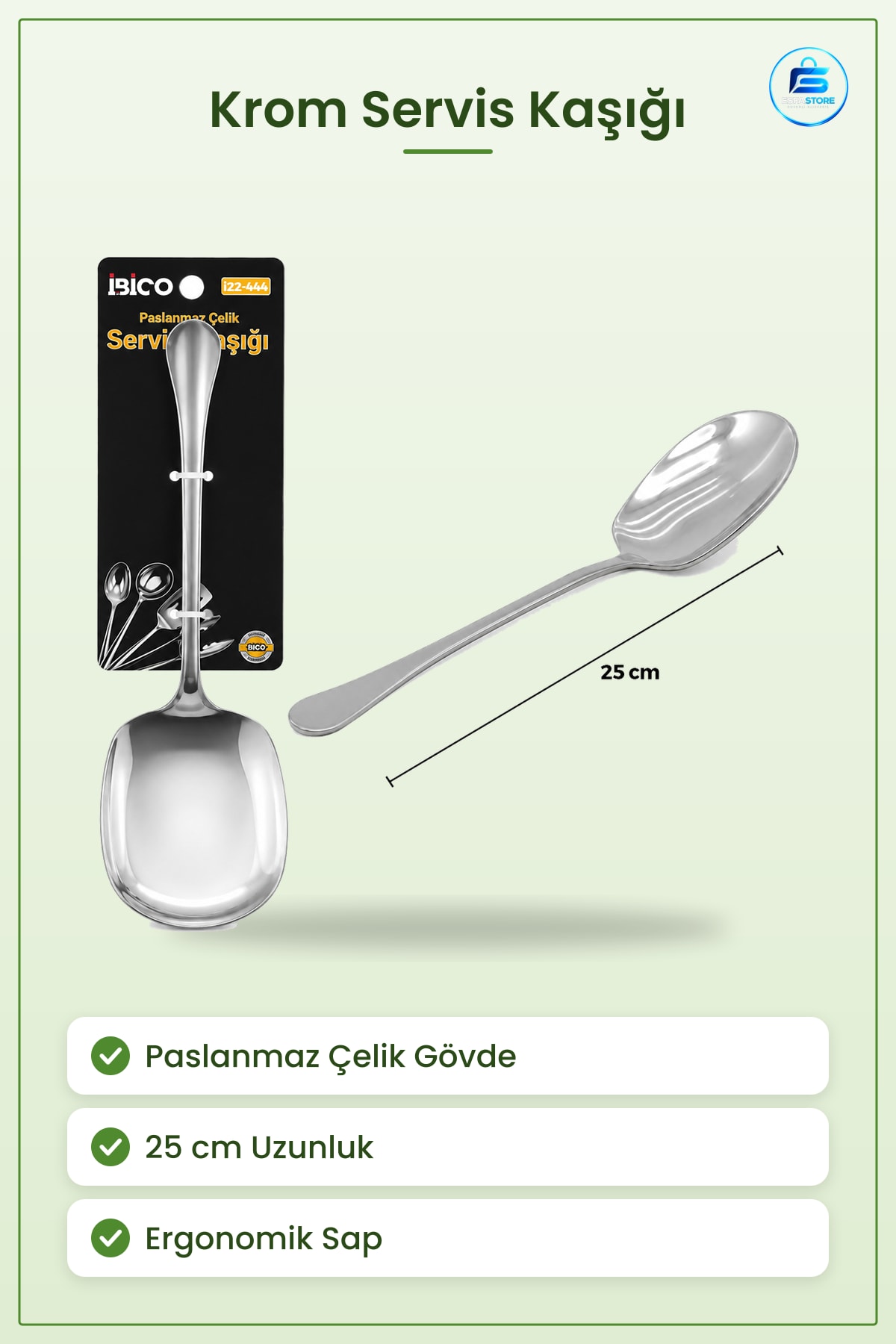 Paslanmaz Çelik Krom Servis Kaşığı 25 cm Pişirme Malzemesi Mutfak Sofra Dayanıklı Ergonomik