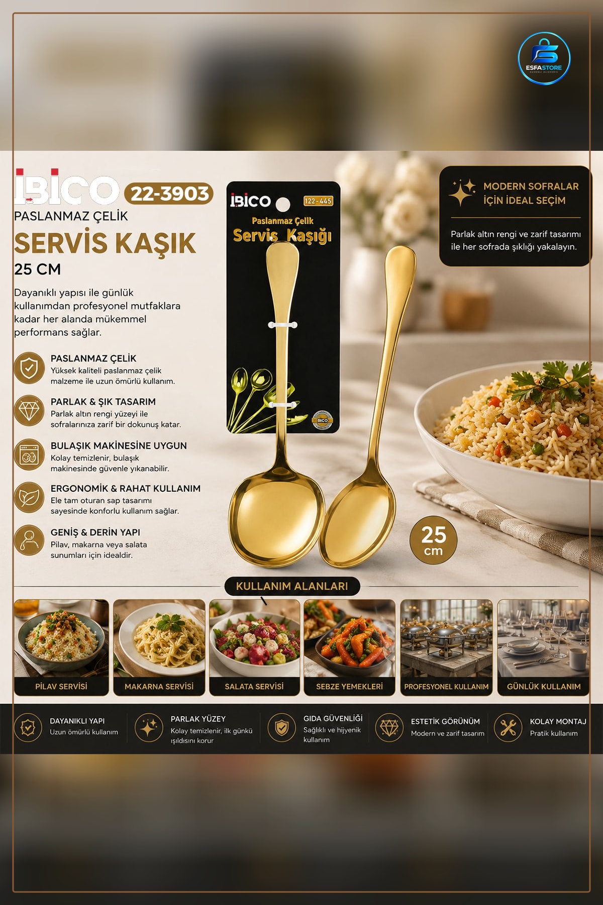 Metal Servis Kaşığı 25 cm Altın Renk Pilav Makarna Salata Çorba Sofra Mutfak Dekoratif Paslanmaz