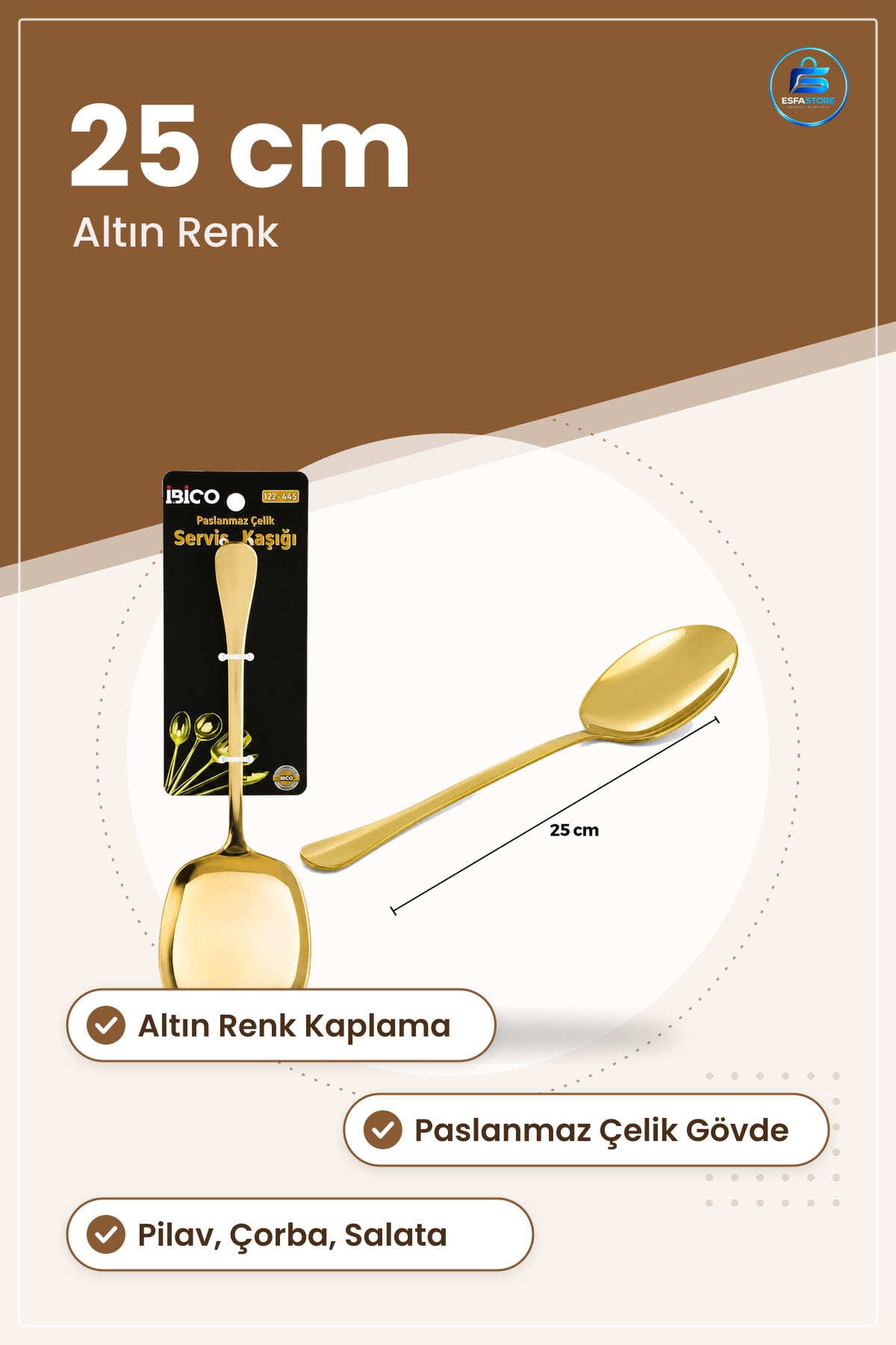 Metal Servis Kaşığı 25 cm Altın Renk Pilav Makarna Salata Çorba Sofra Mutfak Dekoratif Paslanmaz