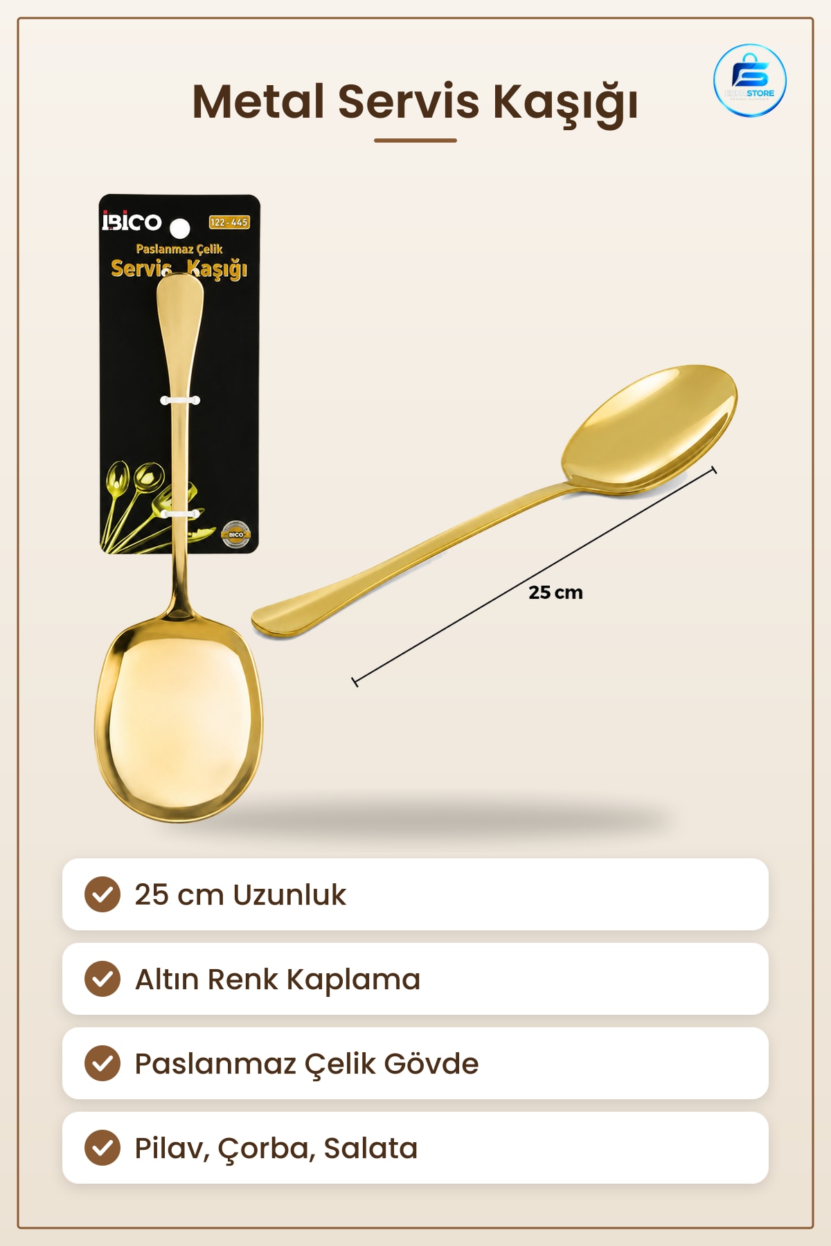 Metal Servis Kaşığı 25 cm Altın Renk Pilav Makarna Salata Çorba Sofra Mutfak Dekoratif Paslanmaz