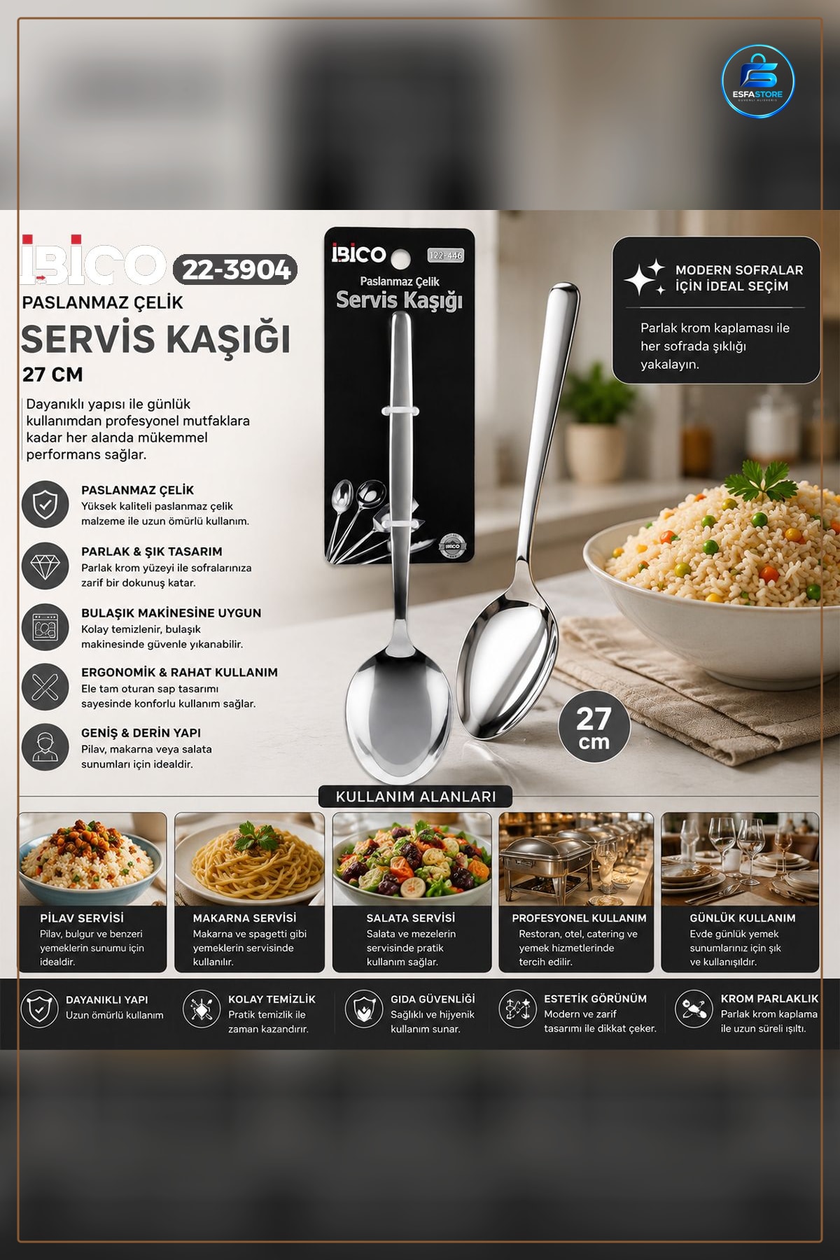 Servis Kaşığı 27 cm Krom Metal Paslanmaz Çelik Pilav Makarna ve Salata Sunumu İçin