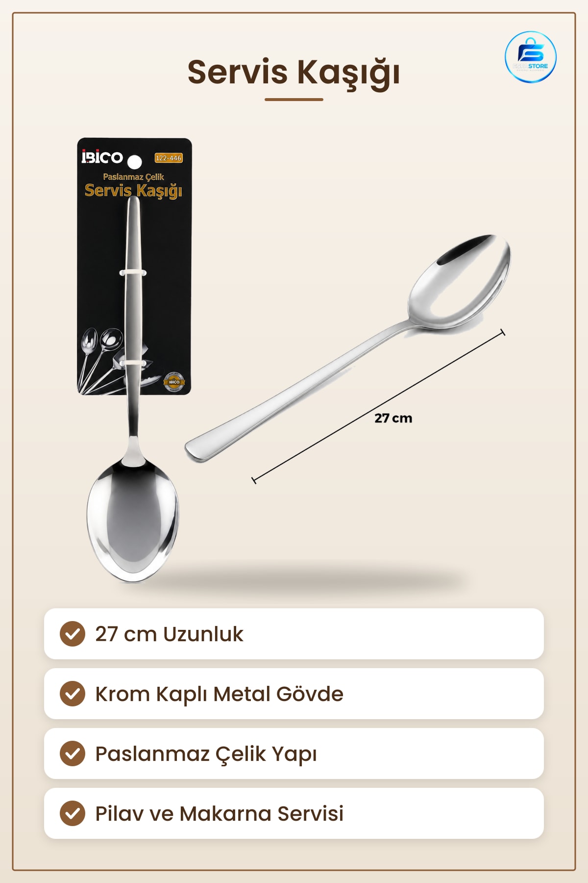 Servis Kaşığı 27 cm Krom Metal Paslanmaz Çelik Pilav Makarna ve Salata Sunumu İçin
