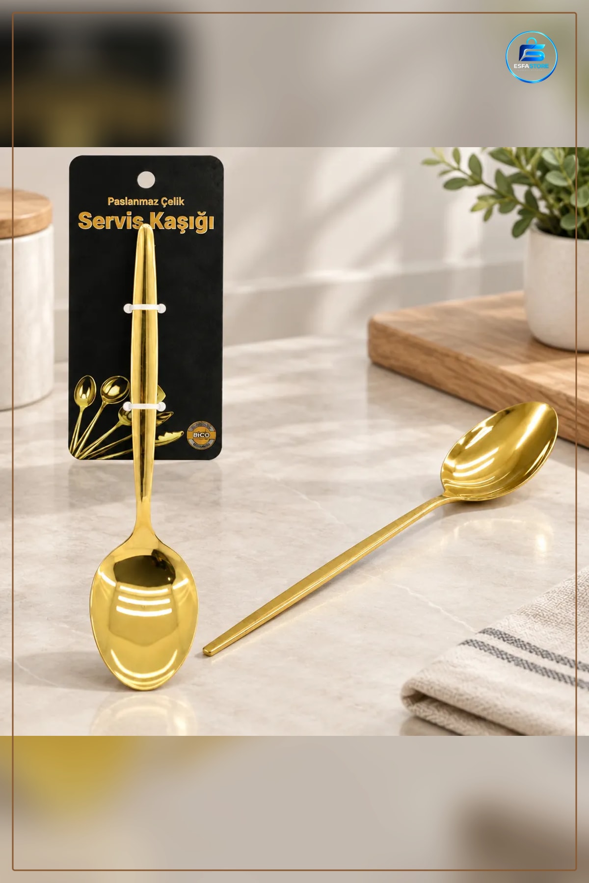 Altın Servis Kaşığı 27 cm Paslanmaz Çelik Metal Sofra Yemek Mutfak Pilav Çorba Garnitür