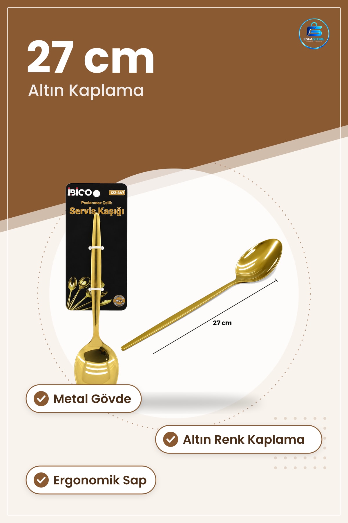 Altın Servis Kaşığı 27 cm Paslanmaz Çelik Metal Sofra Yemek Mutfak Pilav Çorba Garnitür