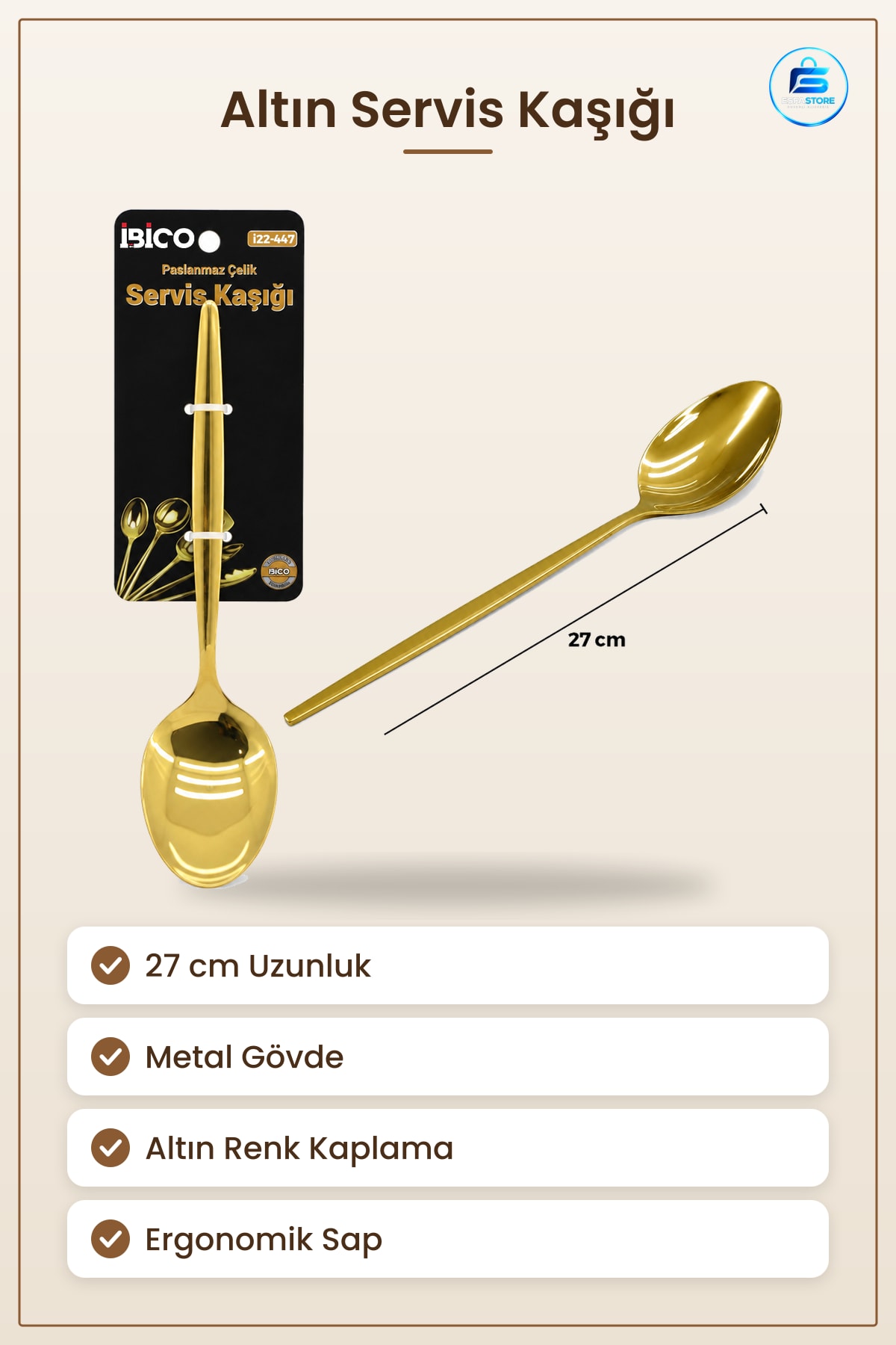 Altın Servis Kaşığı 27 cm Paslanmaz Çelik Metal Sofra Yemek Mutfak Pilav Çorba Garnitür