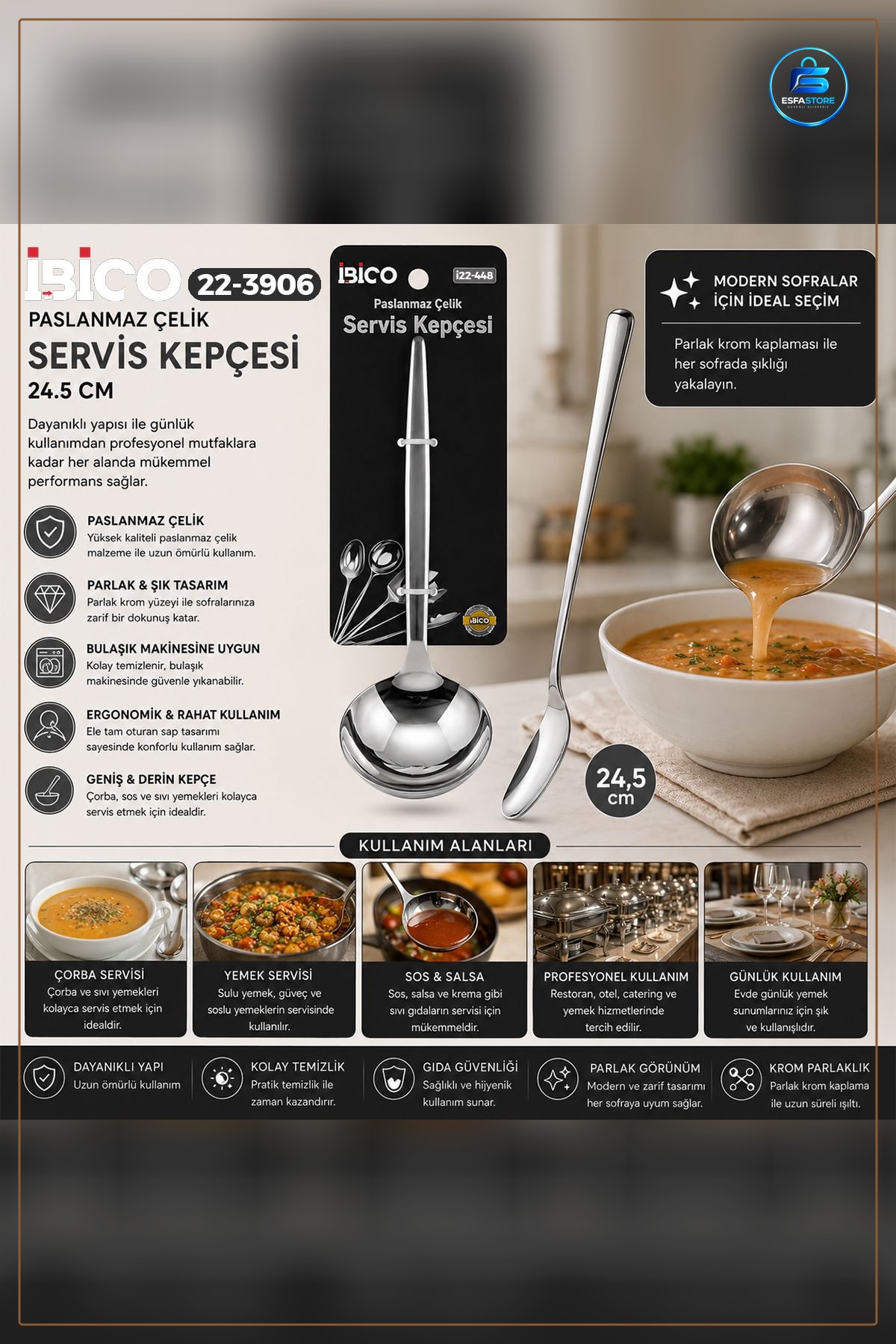 Krom Metal Servis Kepçe 24,5 cm Parlak Kaplı Çorba Sos Sıvı Yemek Servisi Sofra Mutfak
