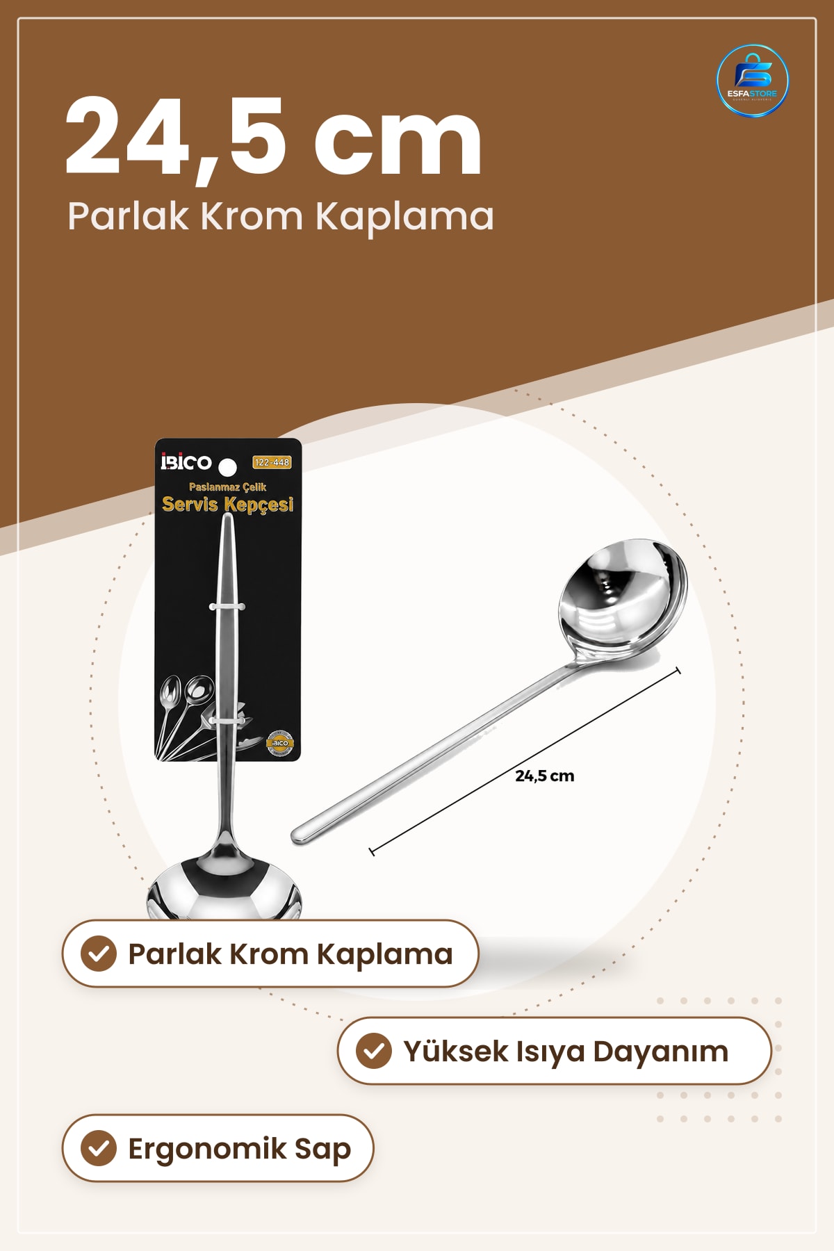 Krom Metal Servis Kepçe 24,5 cm Parlak Kaplı Çorba Sos Sıvı Yemek Servisi Sofra Mutfak