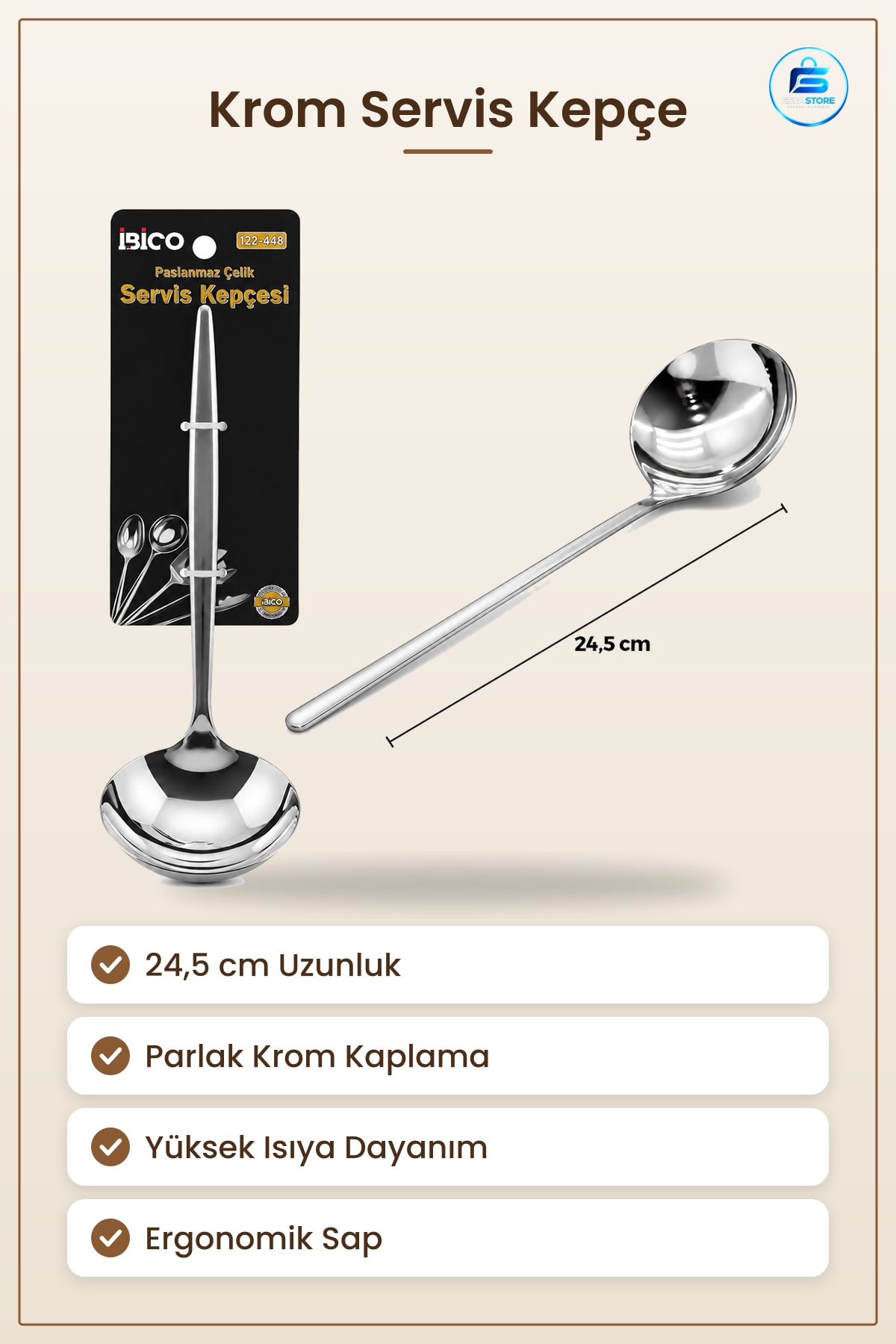 Krom Metal Servis Kepçe 24,5 cm Parlak Kaplı Çorba Sos Sıvı Yemek Servisi Sofra Mutfak