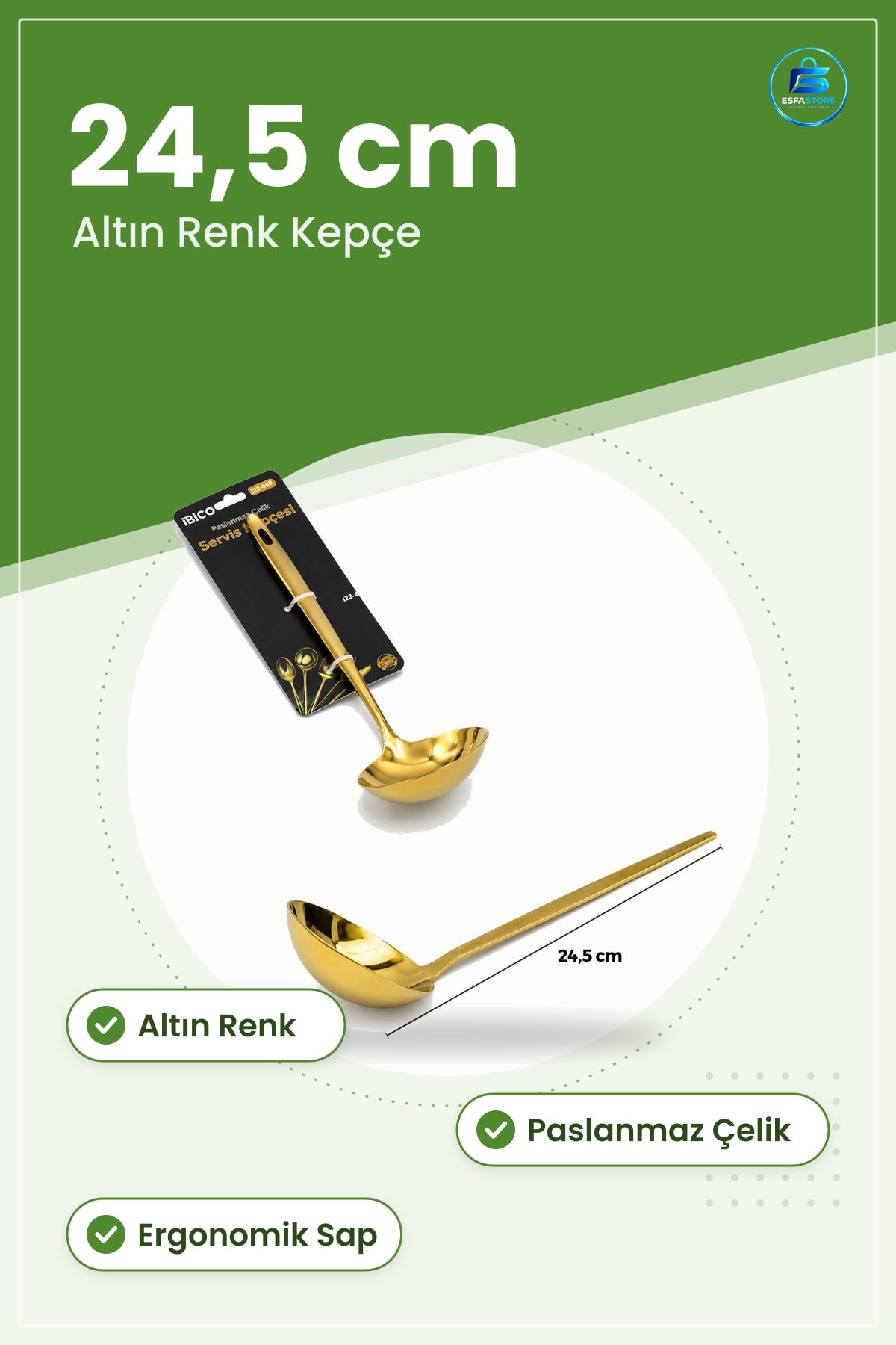 Metal Servis Kepçesi Altın Renk Paslanmaz Çelik Mutfak Gıda Pişirme Malzemesi Ergonomik Sap