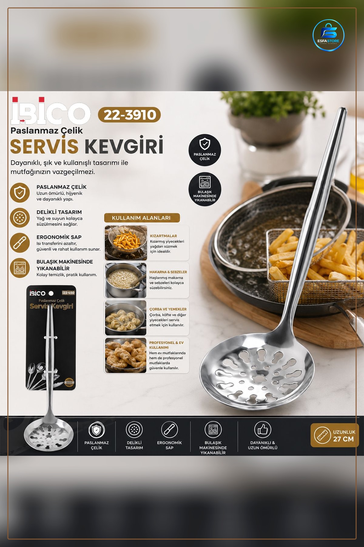 Süzügeç Servis Kevgiri Paslanmaz Çelik 27 cm Delikli Yemek Yağ Makarna Sebze Süzme Sofra