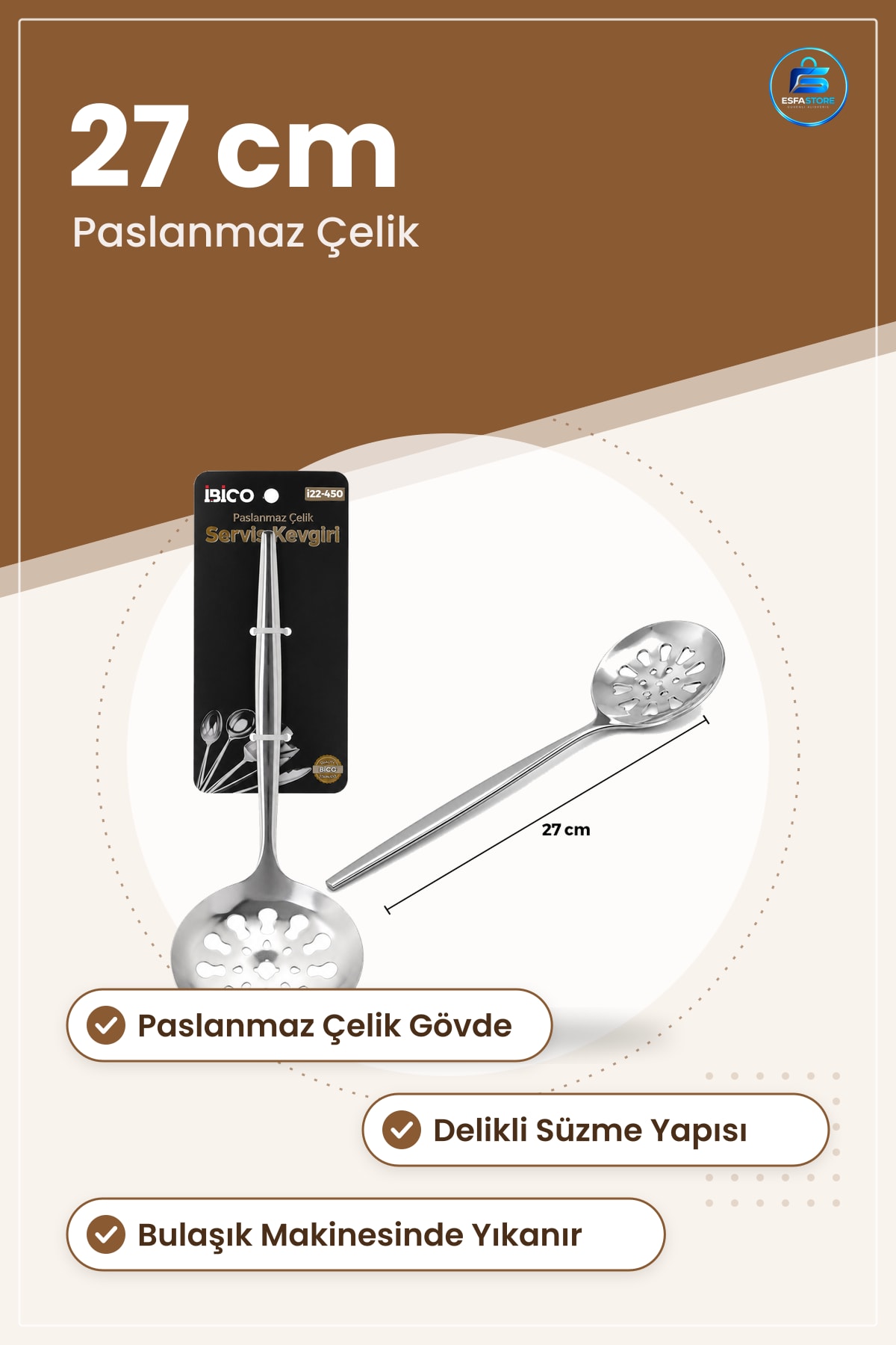 Süzügeç Servis Kevgiri Paslanmaz Çelik 27 cm Delikli Yemek Yağ Makarna Sebze Süzme Sofra