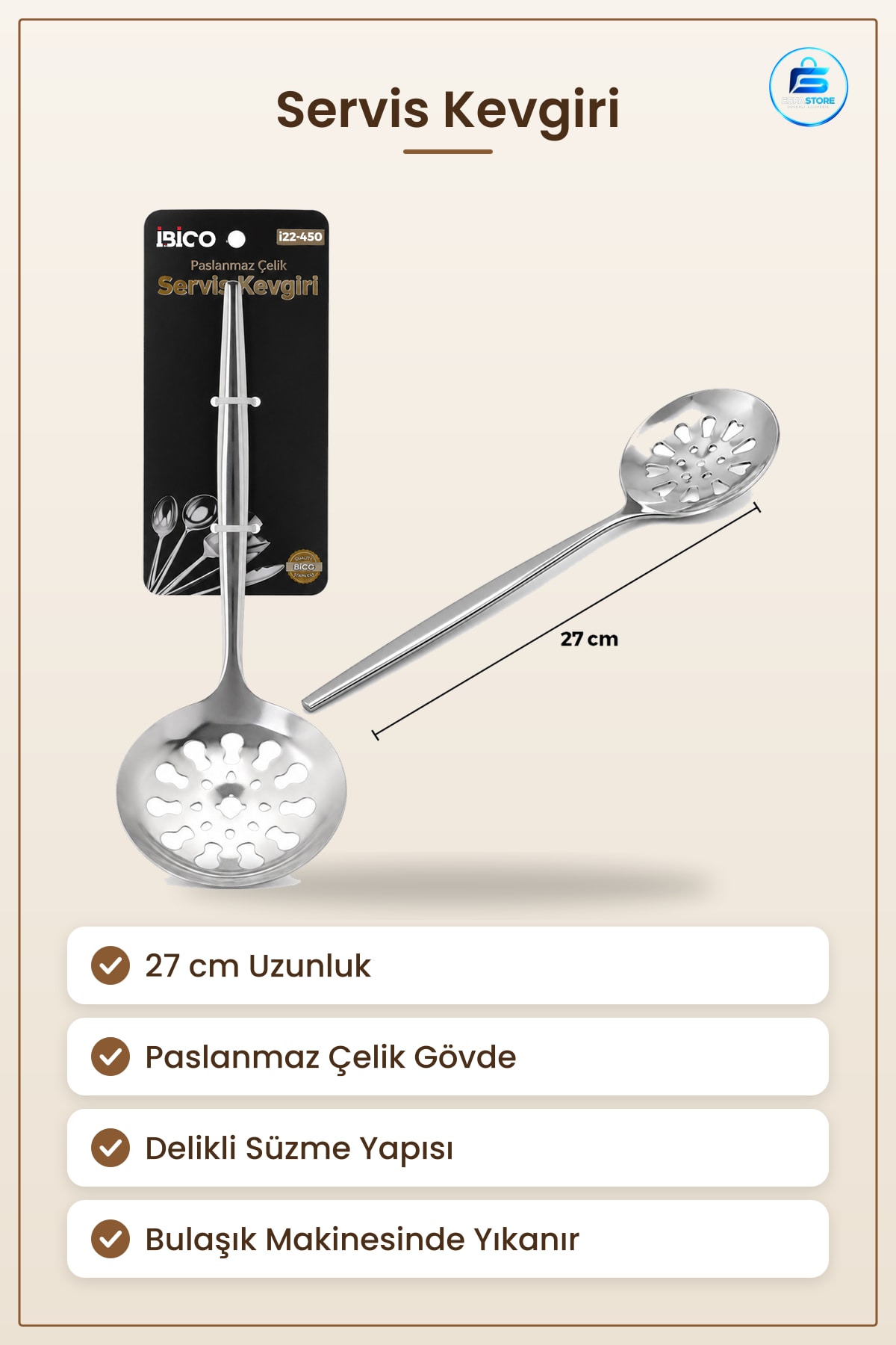 Süzügeç Servis Kevgiri Paslanmaz Çelik 27 cm Delikli Yemek Yağ Makarna Sebze Süzme Sofra