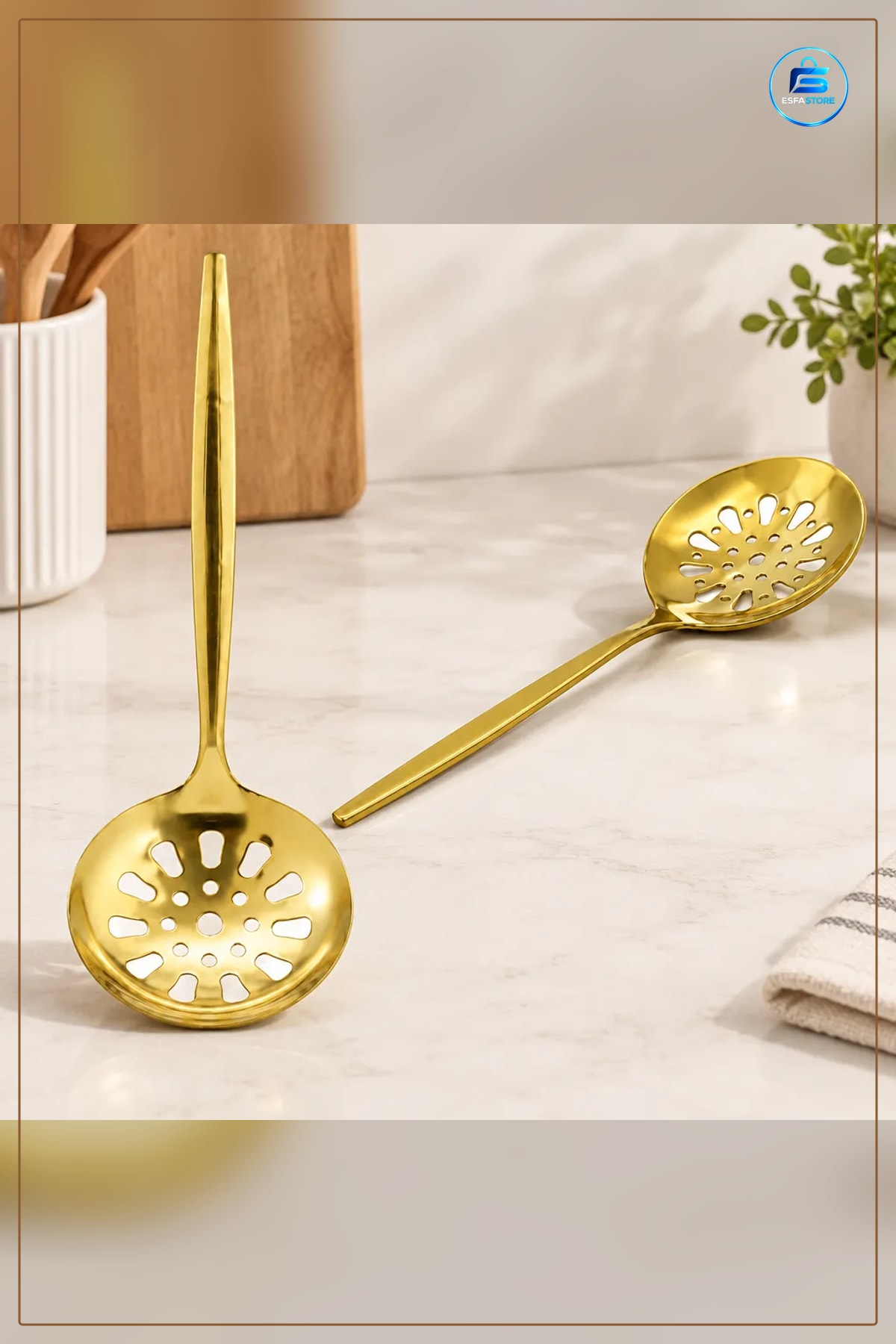 Metal Altın Servis Kevgiri 27 cm Süzgeç Yağ Su Süzme Mutfak Yemek Hazırlık Ergonomik Sap