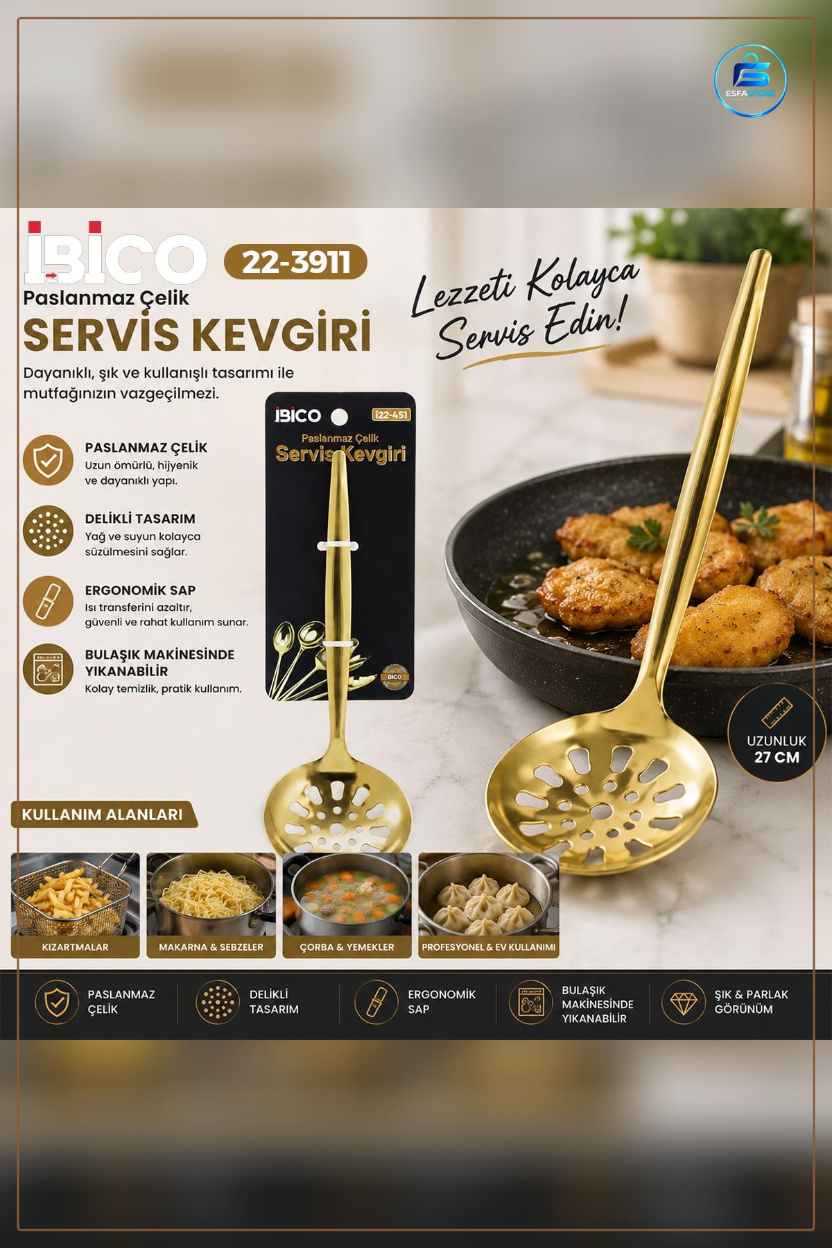 Metal Altın Servis Kevgiri 27 cm Süzgeç Yağ Su Süzme Mutfak Yemek Hazırlık Ergonomik Sap