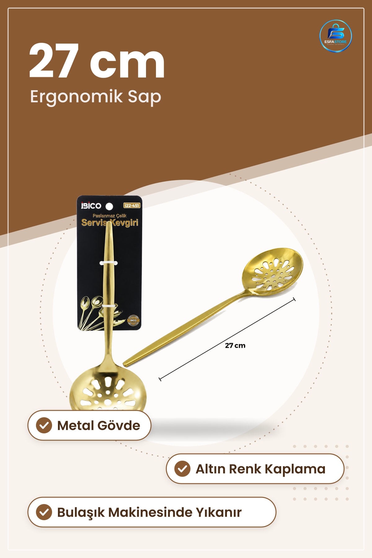 Metal Altın Servis Kevgiri 27 cm Süzgeç Yağ Su Süzme Mutfak Yemek Hazırlık Ergonomik Sap