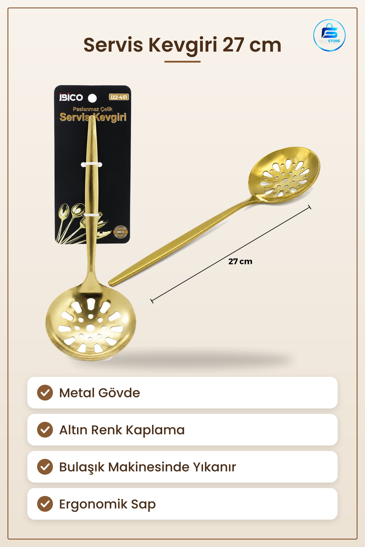 Metal Altın Servis Kevgiri 27 cm Süzgeç Yağ Su Süzme Mutfak Yemek Hazırlık Ergonomik Sap
