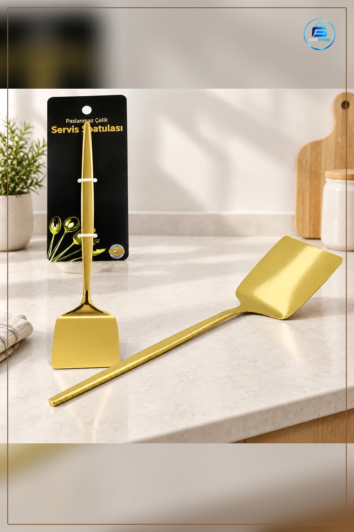 Altın Renk Metal Servis Spatula Tatlı Pasta Börek Servisi Ergonomik Sap Sunum Sofra Mutfak
