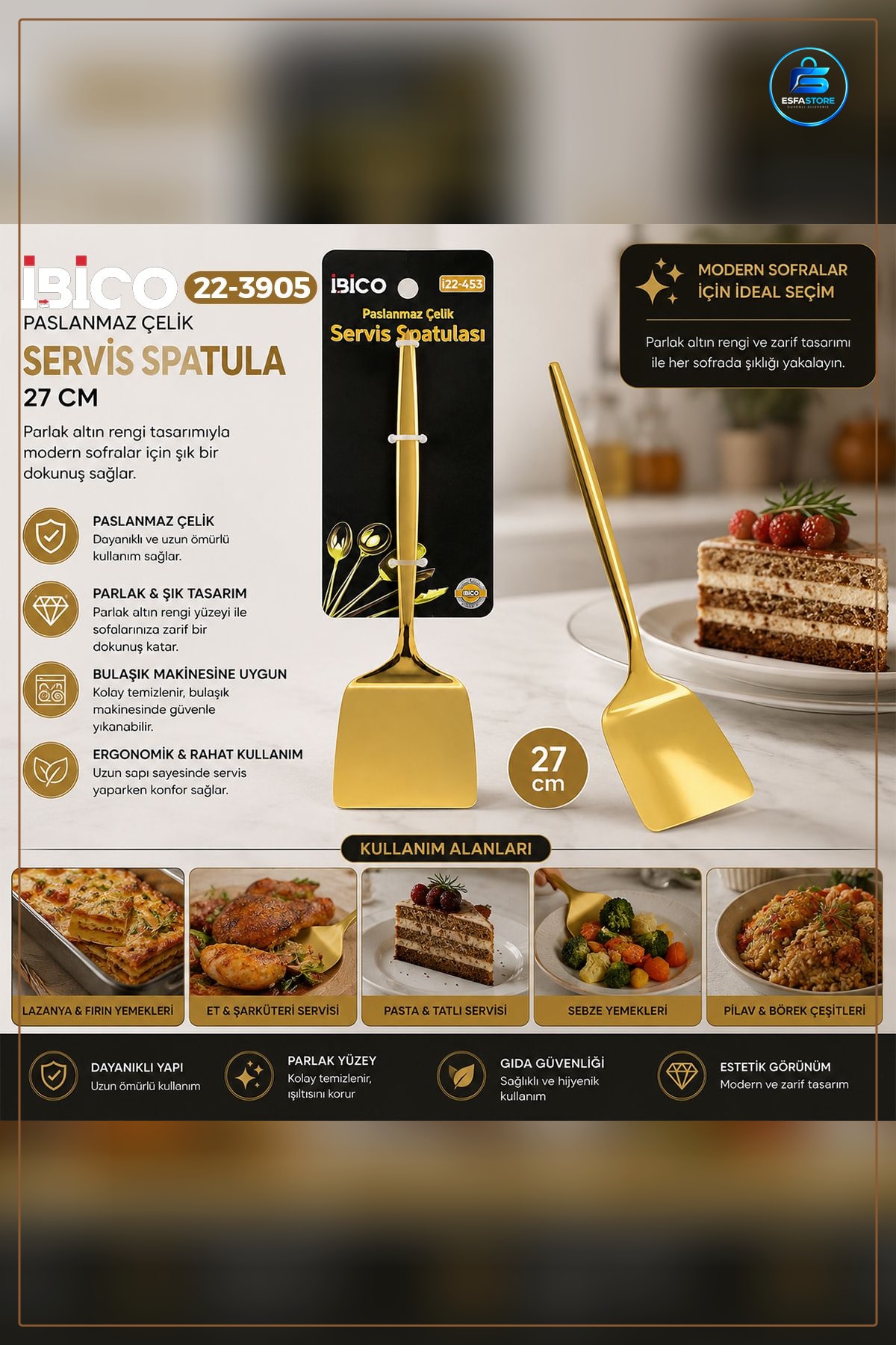 Altın Renk Metal Servis Spatula Tatlı Pasta Börek Servisi Ergonomik Sap Sunum Sofra Mutfak