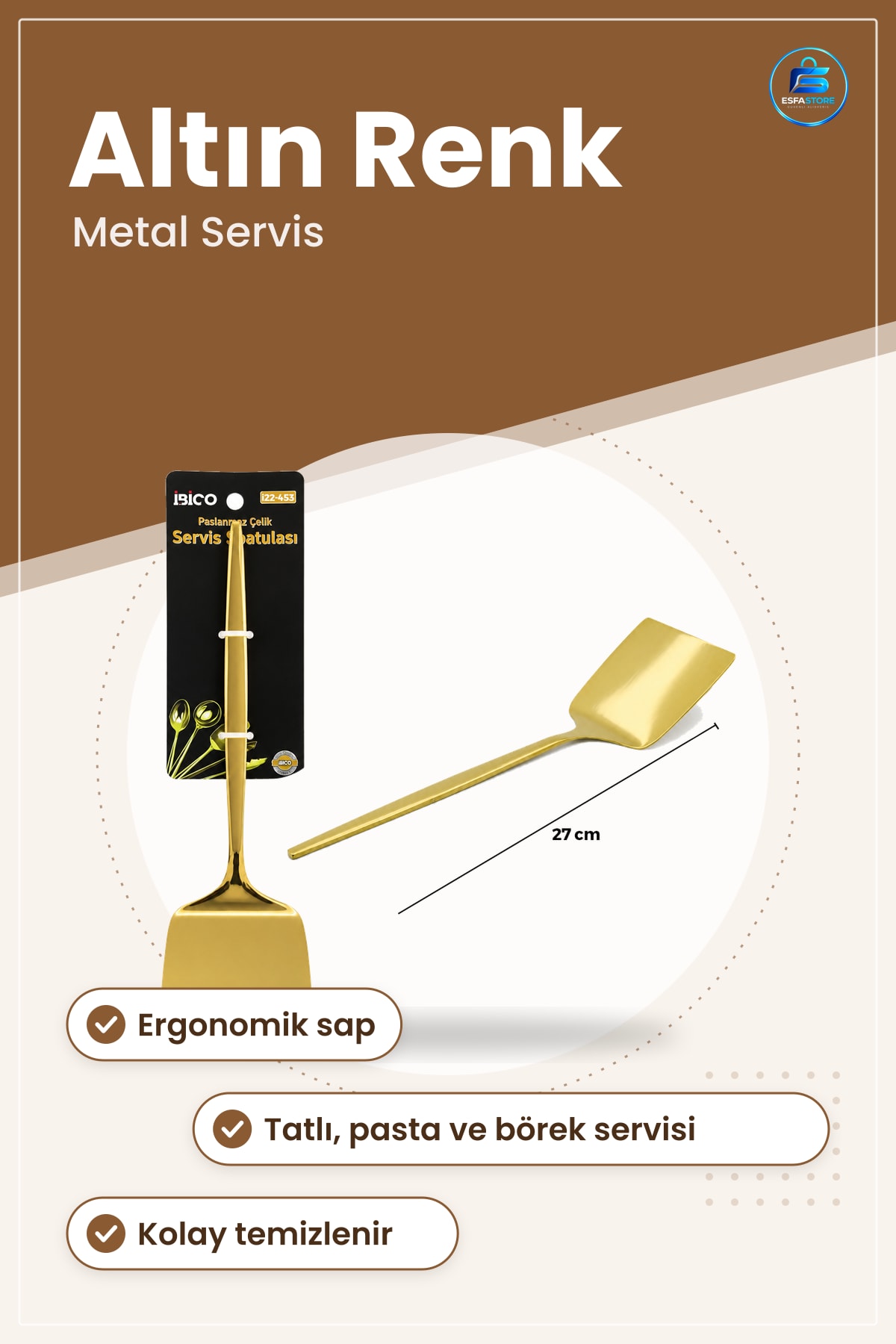Altın Renk Metal Servis Spatula Tatlı Pasta Börek Servisi Ergonomik Sap Sunum Sofra Mutfak