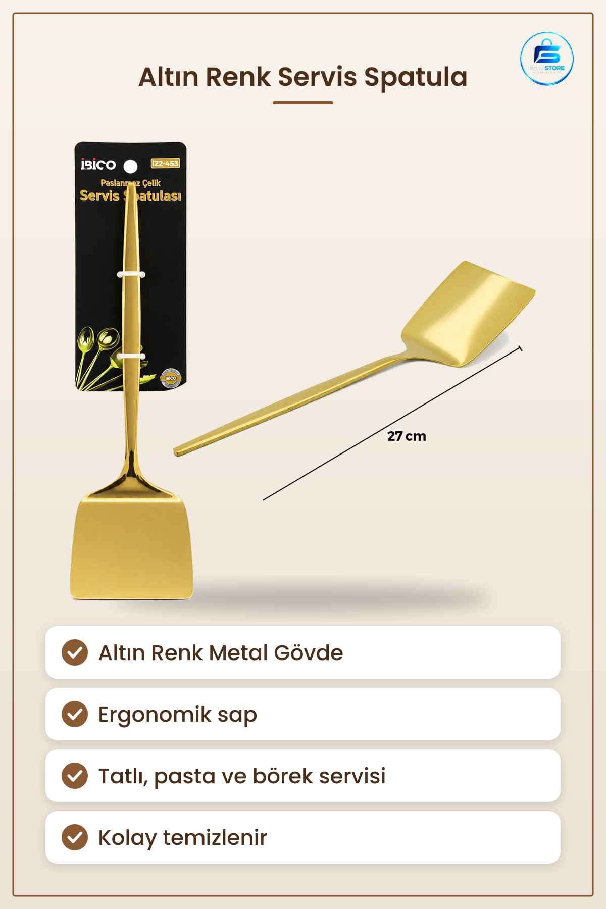 Altın Renk Metal Servis Spatula Tatlı Pasta Börek Servisi Ergonomik Sap Sunum Sofra Mutfak