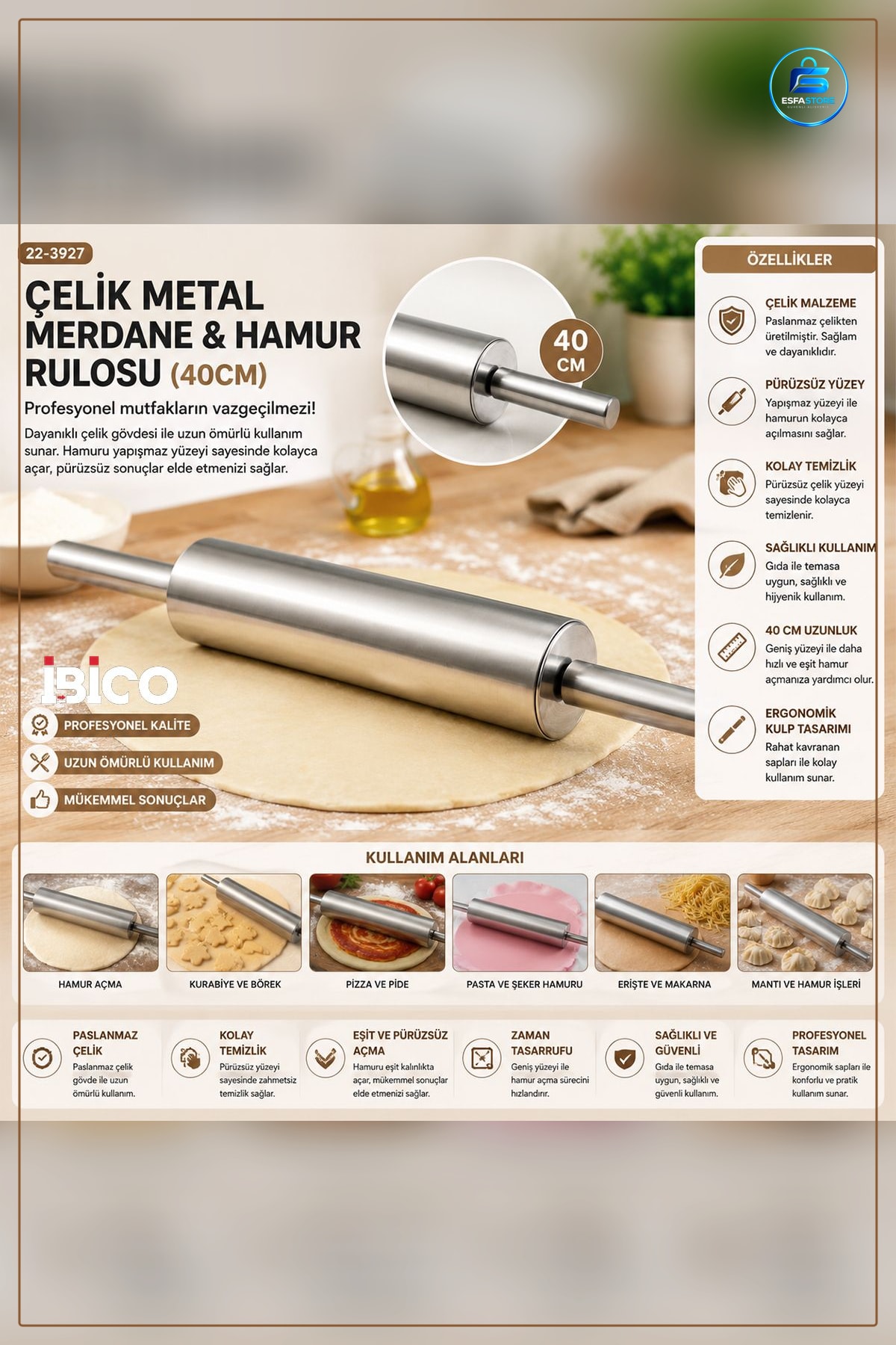 Çelik Hamur Merdane 21 cm Toplam 40 Paslanmaz Mutfak Açma Pasta Börek Milföy Hazırlık