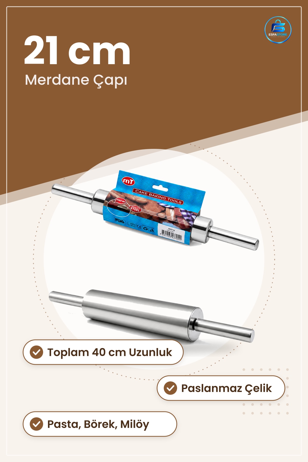 Çelik Hamur Merdane 21 cm Toplam 40 Paslanmaz Mutfak Açma Pasta Börek Milföy Hazırlık